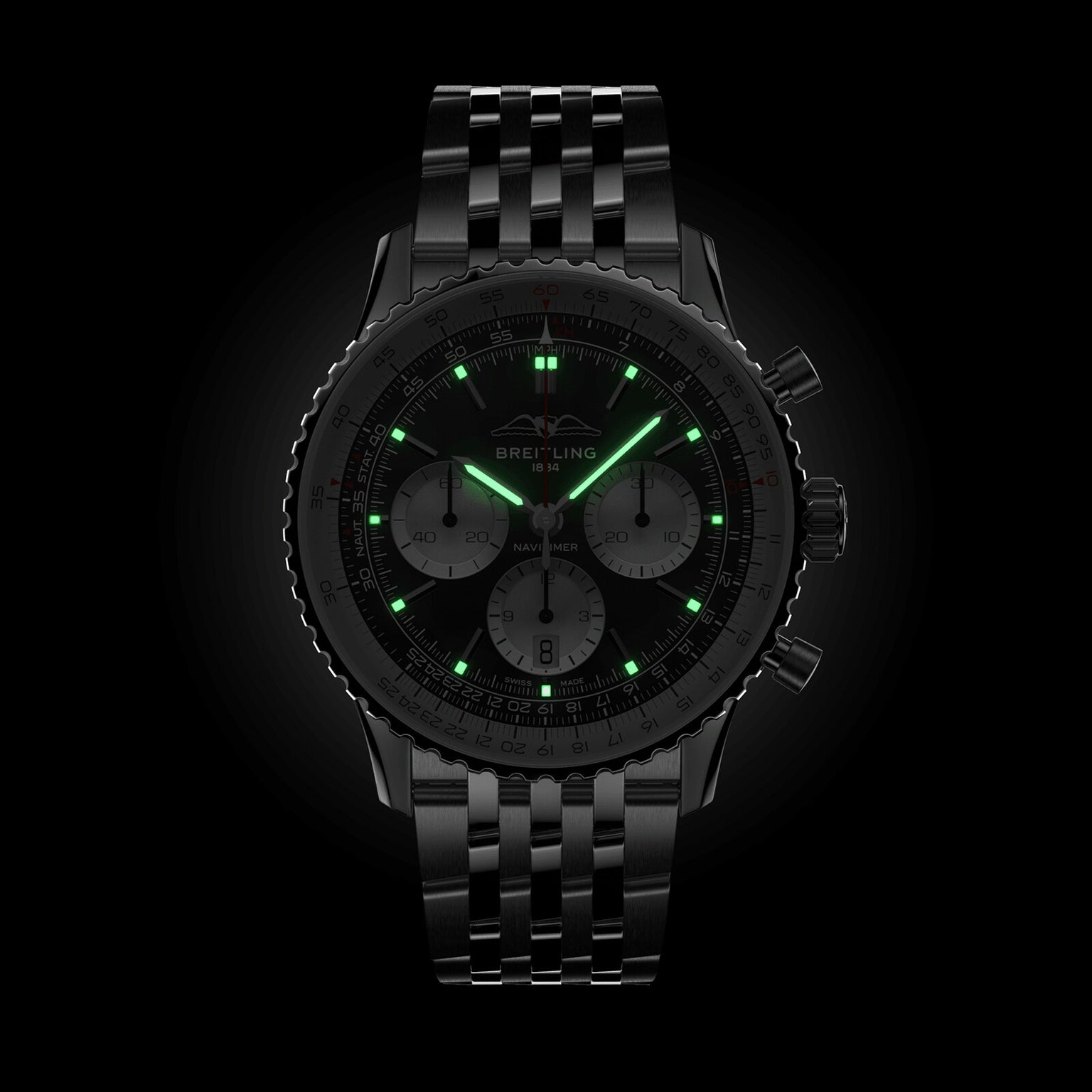 The Breitling Navitimer B01 Chronograph 43 features a black dial, luminous green hour markers and hands, and a metal bracelet, offering signature style against a dark background.