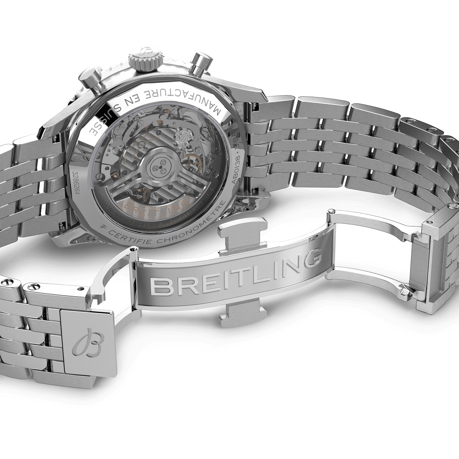 A close-up of the Breitling Navitimer B01 Chronograph 43 shows its exposed mechanical movement and engraved branding on the stainless steel bracelet clasp.