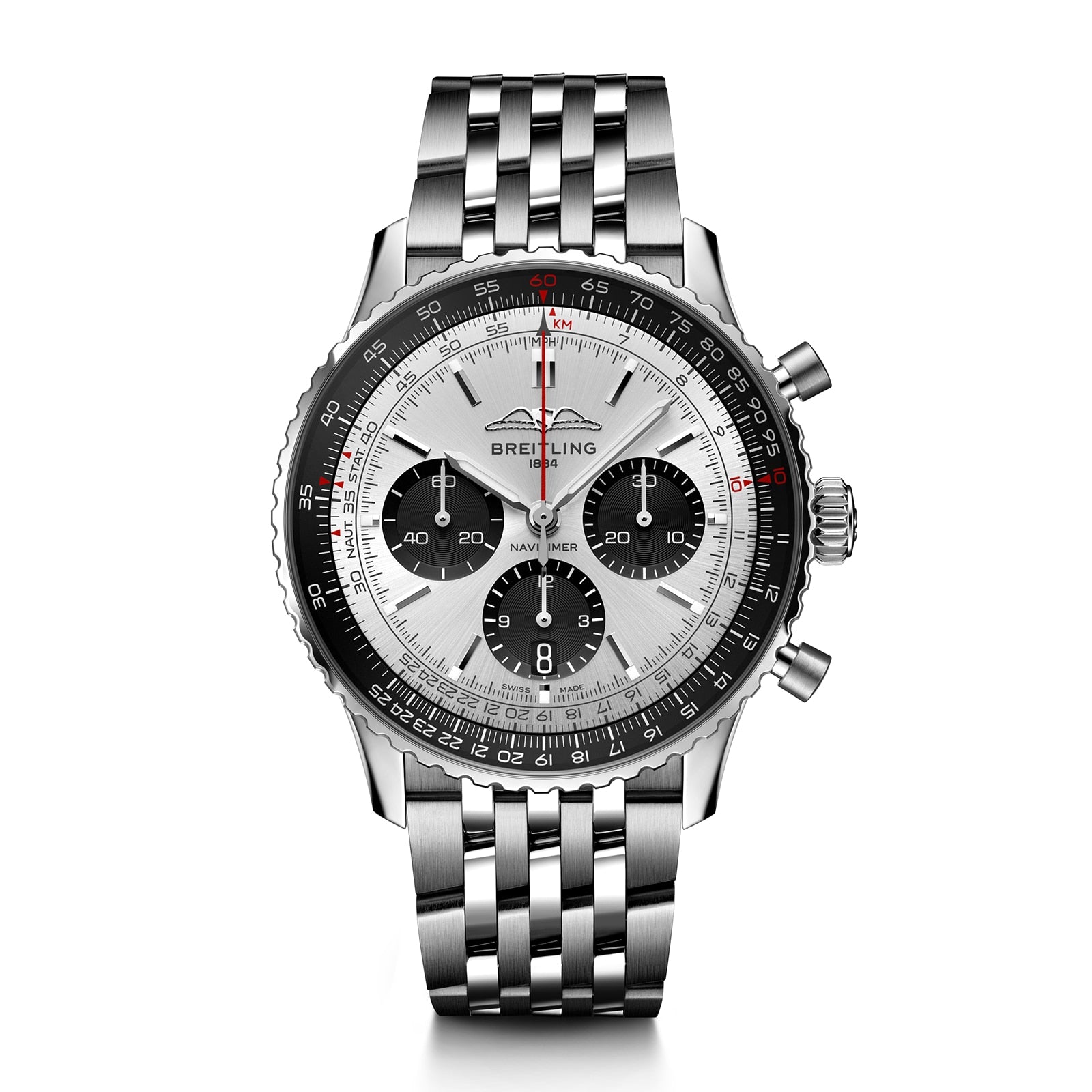The Breitling Navitimer B01 Chronograph 43 features a stainless steel case, silver dial with black subdials, black bezel, and metal bracelet. Powered by the Breitling 01 calibre, it is shown on a white background.