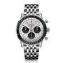 The Breitling Navitimer B01 Chronograph 43 features a stainless steel case, silver dial with black subdials, black bezel, and metal bracelet. Powered by the Breitling 01 calibre, it is shown on a white background.