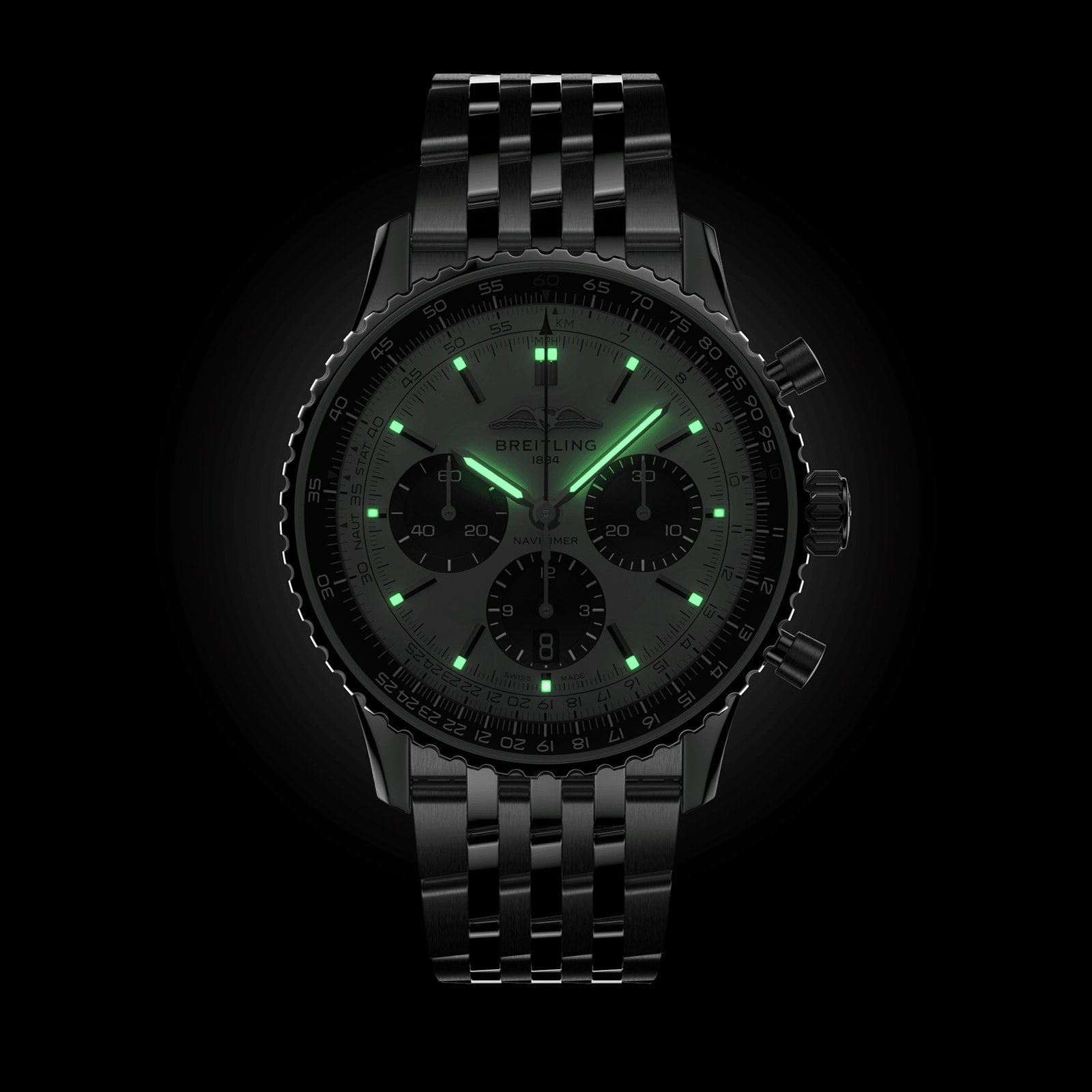 The Breitling Navitimer B01 Chronograph 43 is a black metal wristwatch with luminescent green hour markers and hands, precision chronograph, shown against a black background.