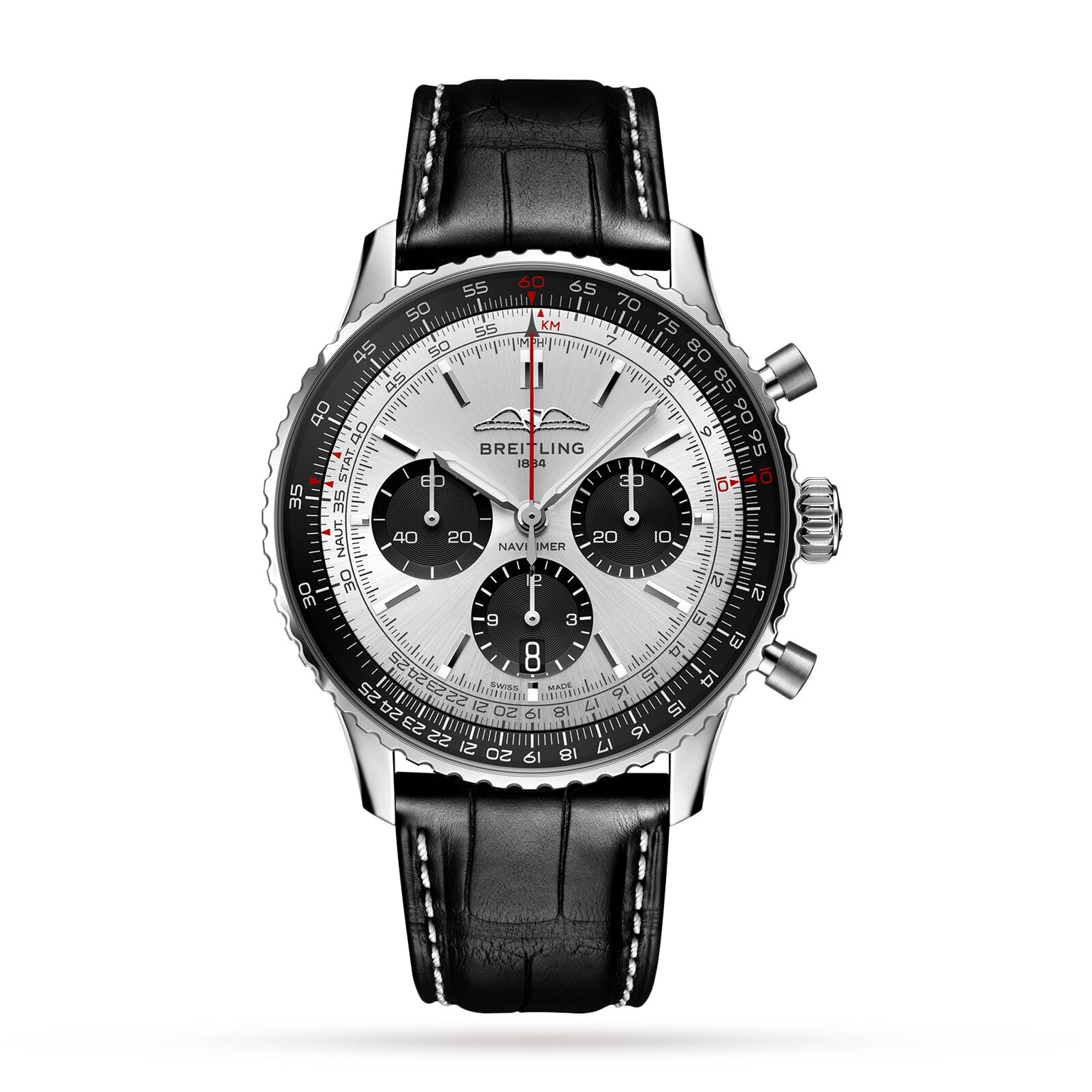 A Breitling Navitimer B01 Chronograph 43 with a black leather strap, silver dial, three subdials, and a black bezel is displayed against a white background.