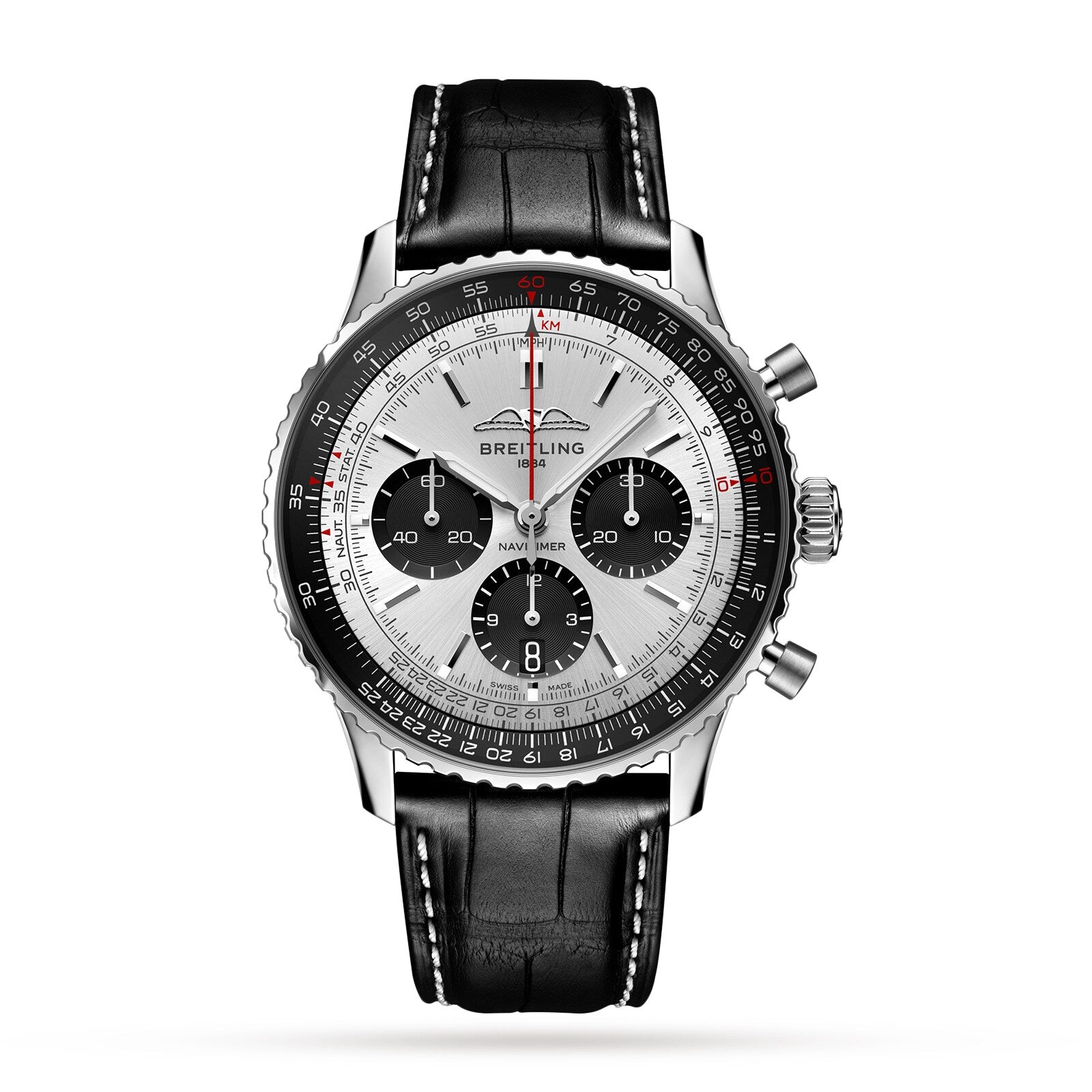 A Breitling Navitimer B01 Chronograph 43 with a black leather strap, silver dial, three subdials, and a black bezel is displayed against a white background.