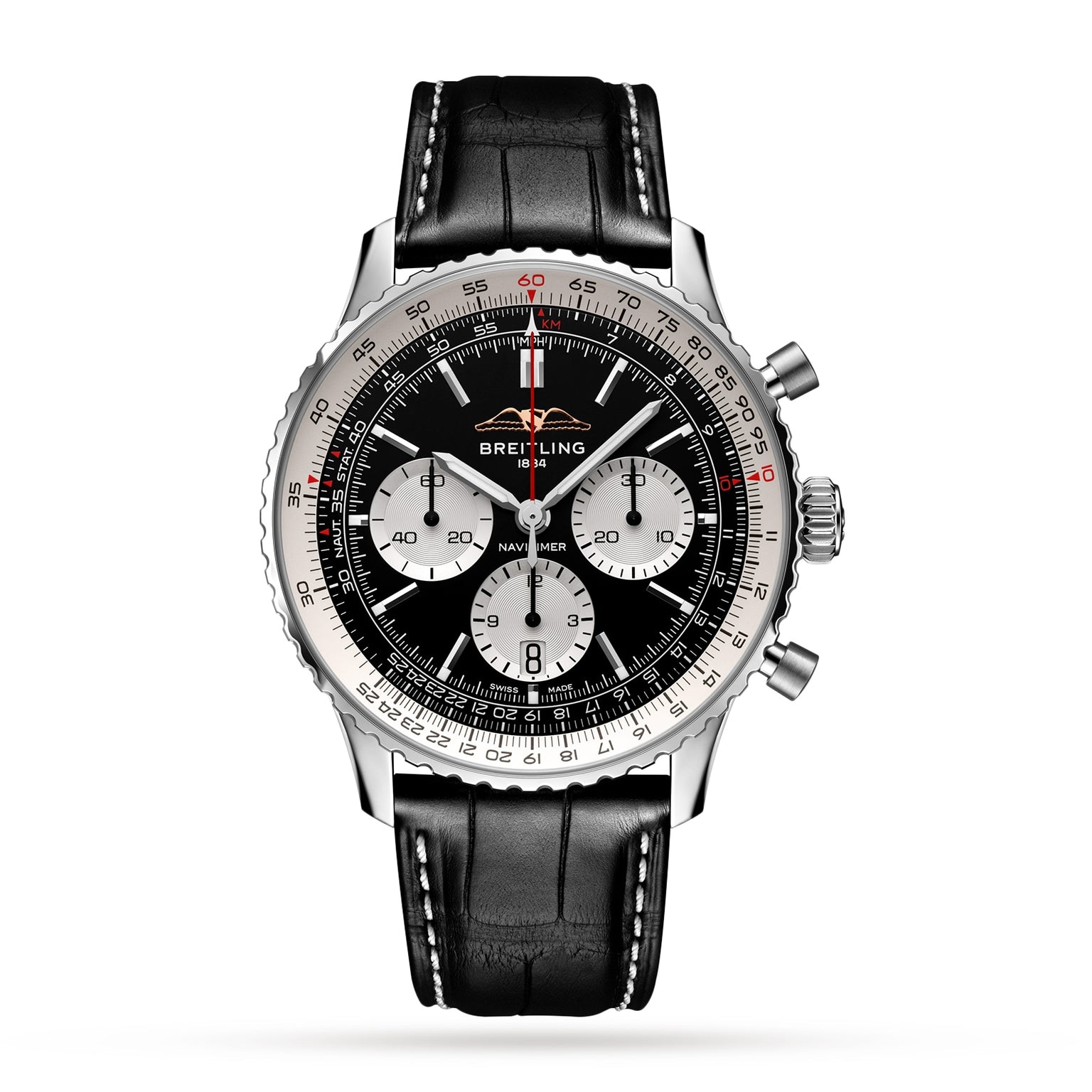 The Breitling Navitimer B01 Chronograph 43 features a black dial with three subdials, the Breitling 01 calibre, a stainless steel case, and a black leather strap with white stitching.
