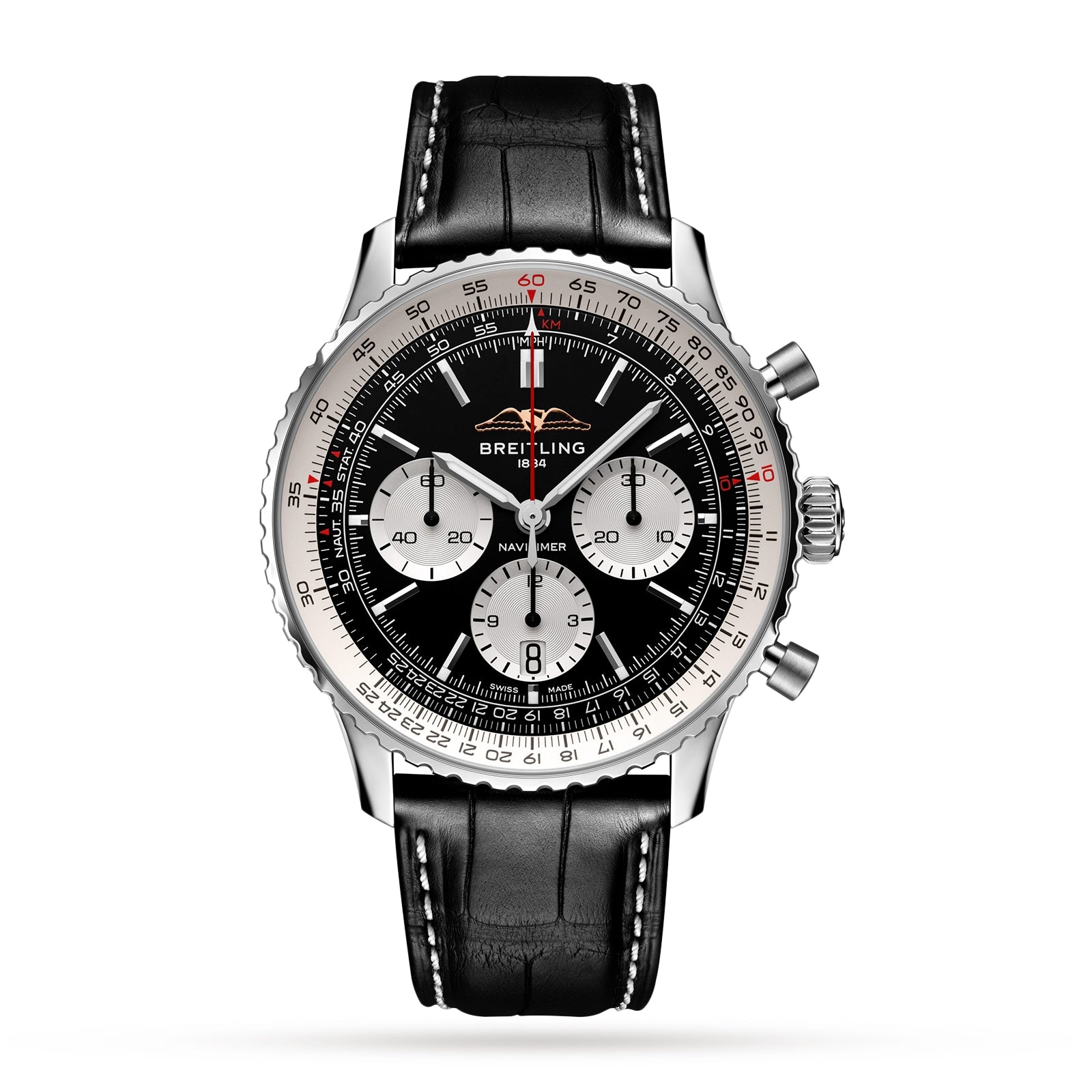 The Breitling Navitimer B01 Chronograph 43 features a black dial with three subdials, the Breitling 01 calibre, a stainless steel case, and a black leather strap with white stitching.