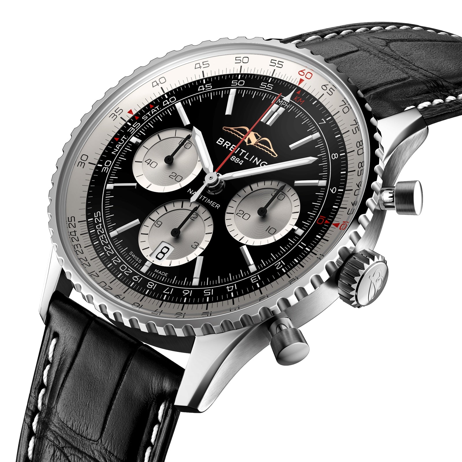 Close-up of a Breitling Navitimer B01 Chronograph 43 with a black dial, three subdials, date window, and a black leather strap featuring white stitching.