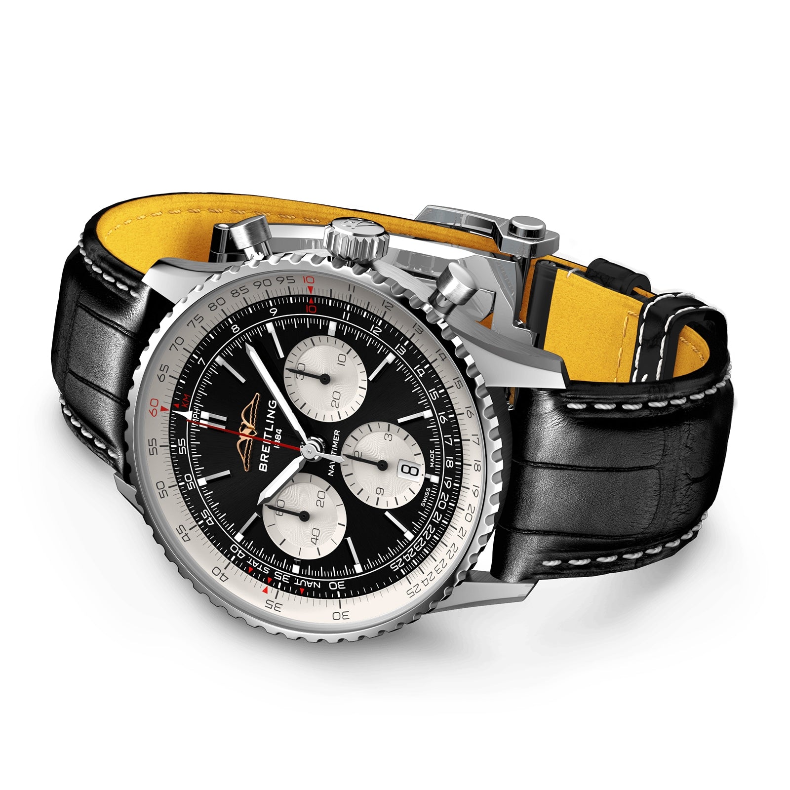 The Breitling Navitimer B01 Chronograph 43 features a black dial with three sub-dials, silver case, black leather strap with yellow lining, red hand accents, and is powered by the Breitling 01 calibre.