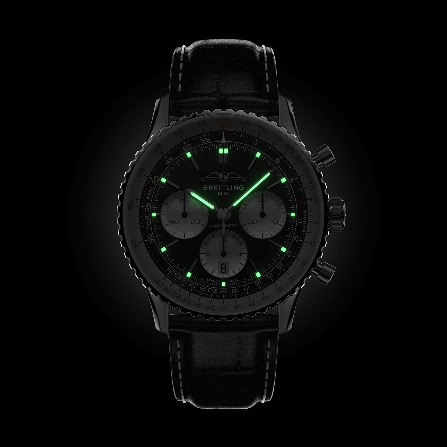 The Breitling Navitimer B01 Chronograph 43 wristwatch features a black dial, leather strap, and illuminated green hands and markers, displayed against a black background.