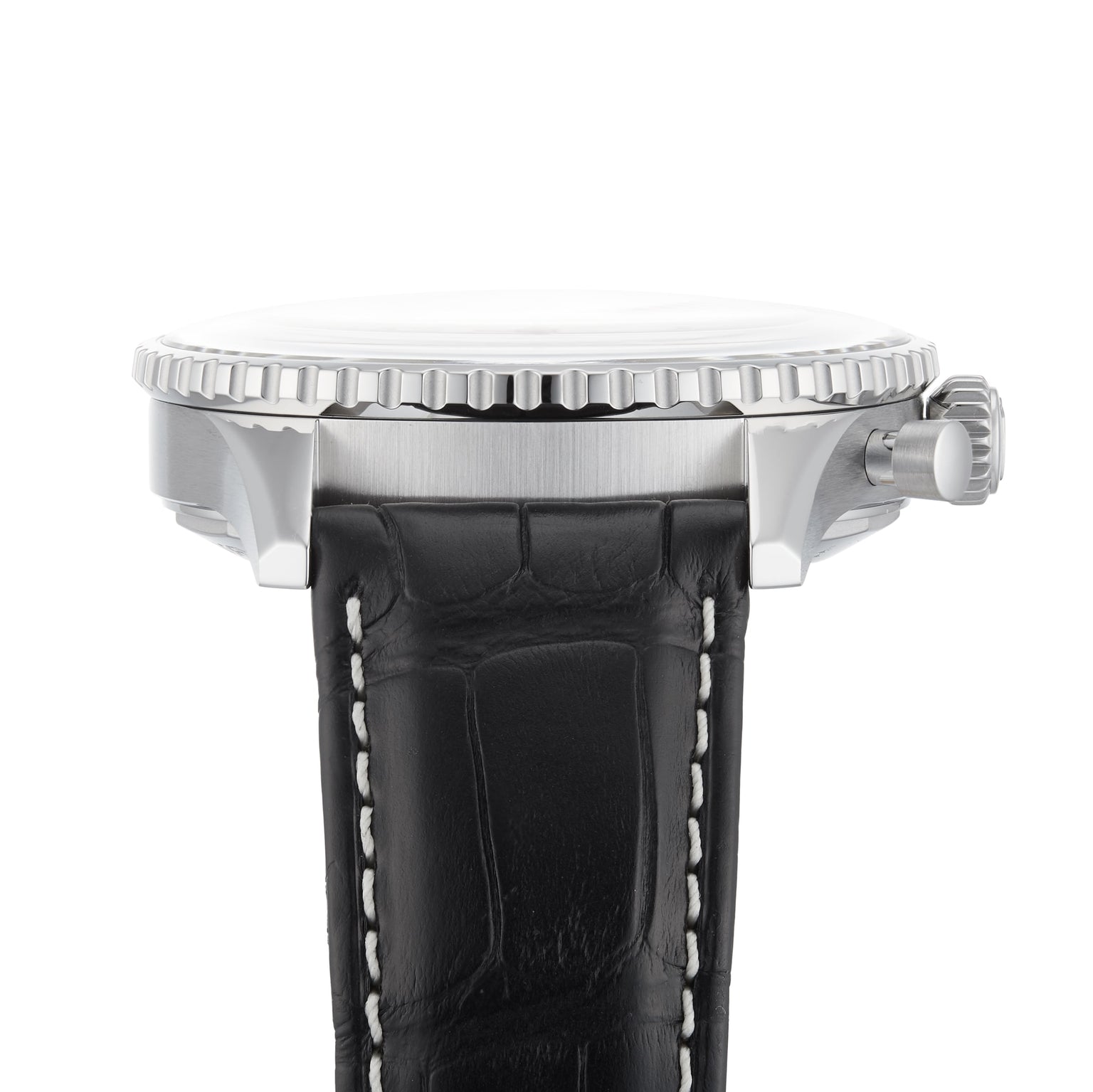 Side view of a silver Breitling Navitimer B01 Chronograph 43 with a ridged bezel, black leather strap, and visible crown, powered by the Breitling 01 calibre, displayed on a white background.