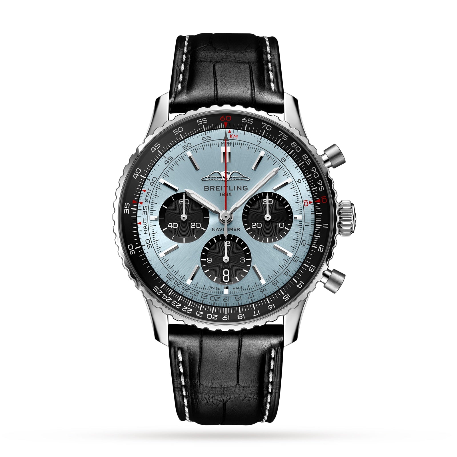 The Breitling Navitimer B01 Chronograph 43 features a light blue dial with three chronograph subdials, a black bezel, stainless steel case, and black leather strap, complete with iconic Breitling branding on the dial.