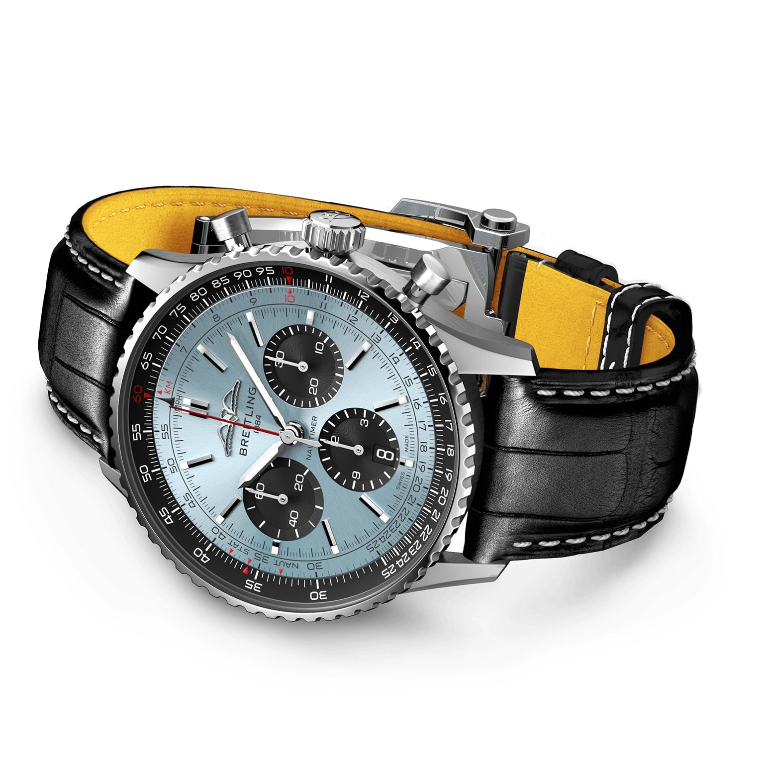 The Breitling Navitimer B01 Chronograph 43 features a light blue dial with three black subdials, a silver case, and a black leather strap with yellow lining and white stitching.