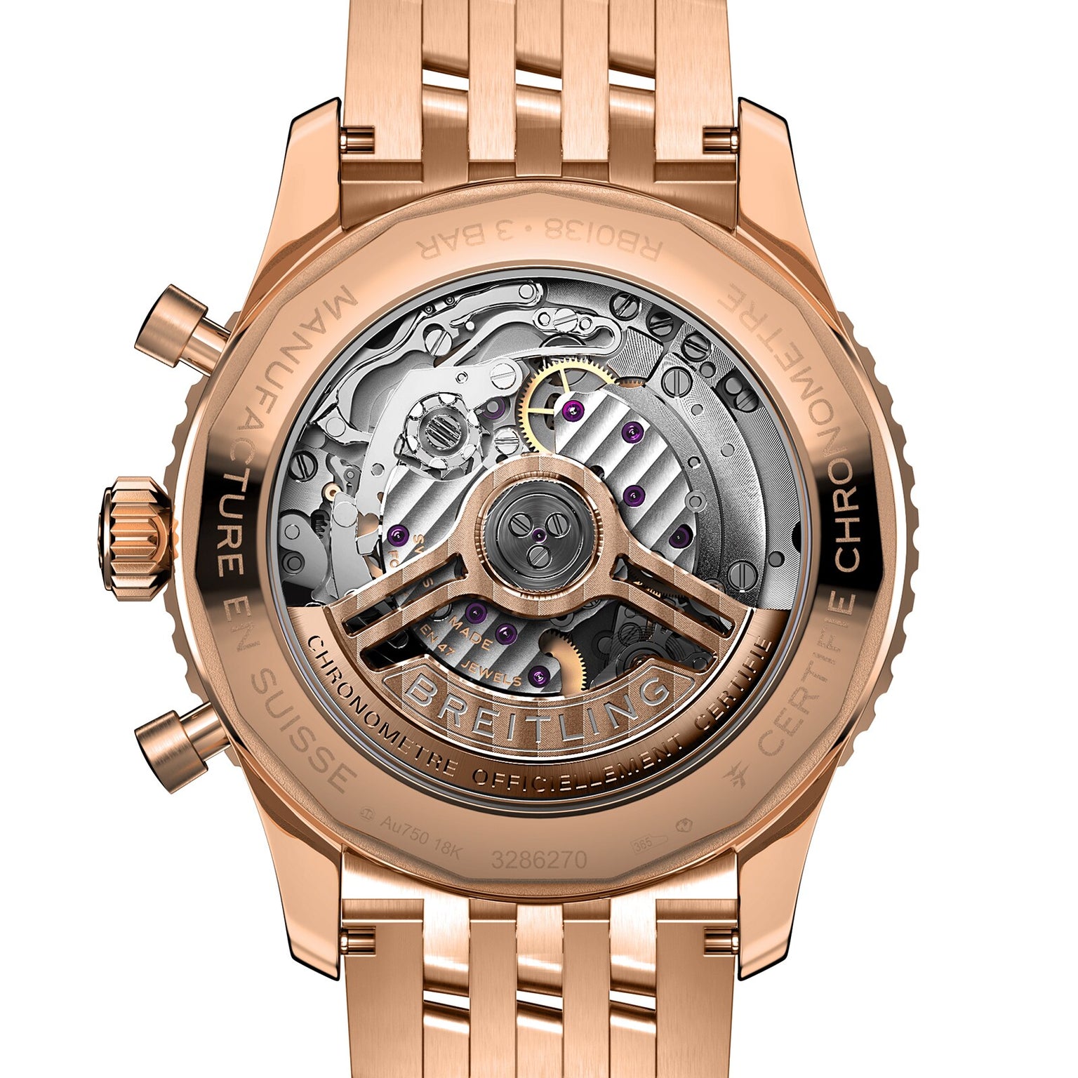 Close-up of the Breitling Navitimer B01 Chronograph 43’s rose gold case, showcasing its detailed Breitling 01 calibre movement through a transparent case back.