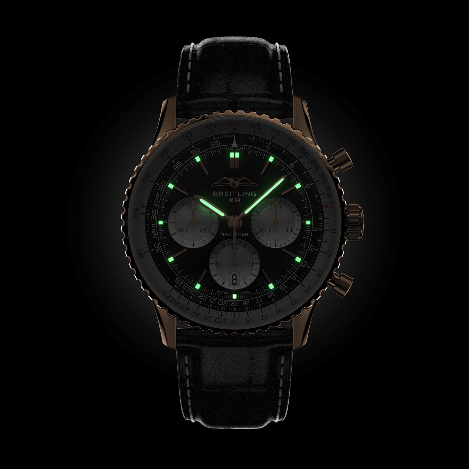 The Breitling Navitimer B01 Chronograph 43 is a black pilots watch with leather strap, three subdials, and green luminescent hands and markers, displayed against a dark background.