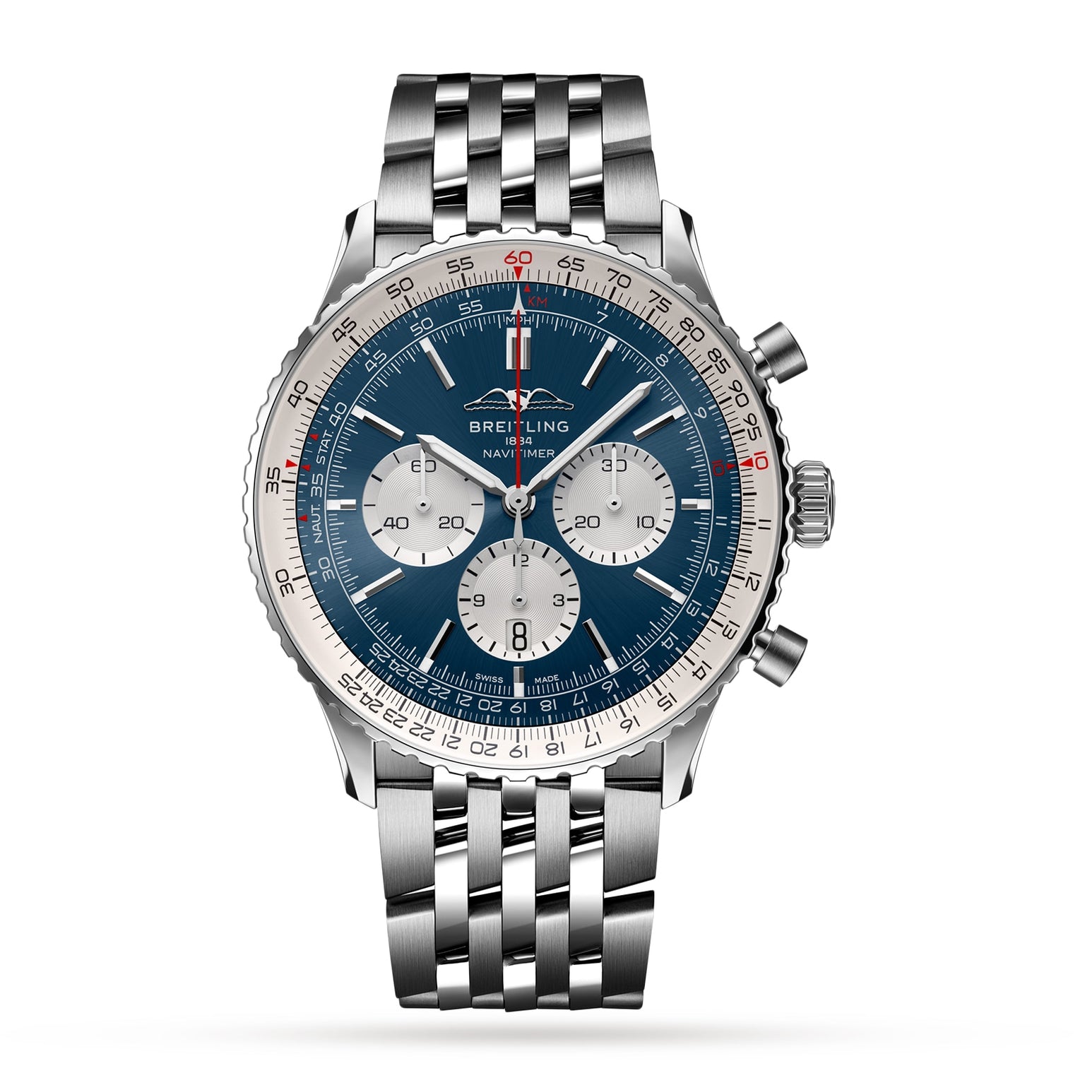 The Breitling Navitimer B01 Chronograph 46 features a stainless steel case, blue dial with three chronograph sub-dials, white outer ring, metal link bracelet, and a Navitimer-inspired design on the face.