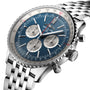 A close-up of the Breitling Navitimer B01 Chronograph 46, featuring a blue dial, silver chronograph subdials, stainless steel case, and metal link bracelet.