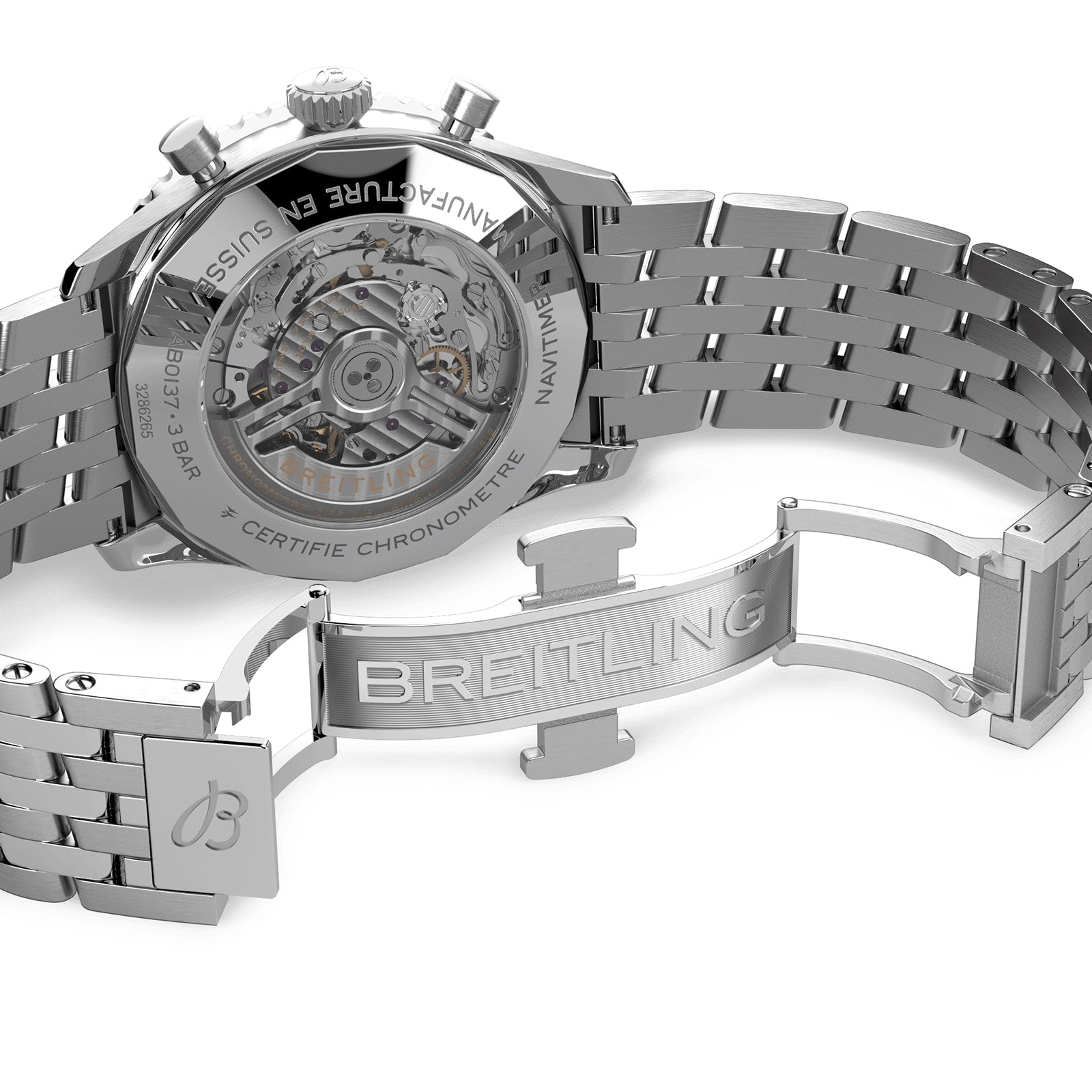 Close-up of the back of a Breitling Navitimer B01 Chronograph 46, showcasing its exposed Breitling 01 calibre movement and stainless steel bracelet with a clasp engraved with the Breitling logo.