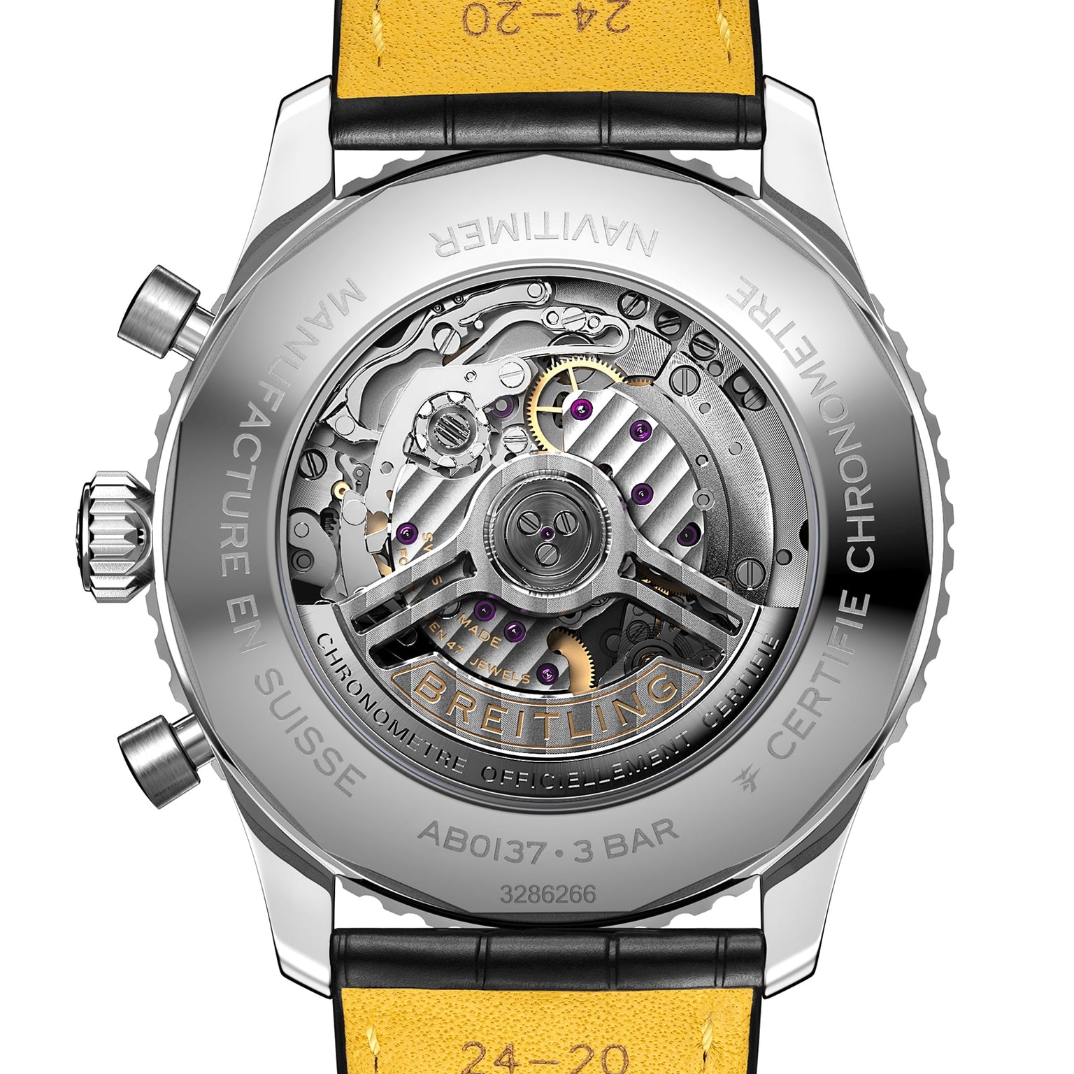 Close-up of the transparent case back of the Breitling Navitimer B01 Chronograph 46, highlighting its visible mechanical movement, intricate gears, and engraved branding details.