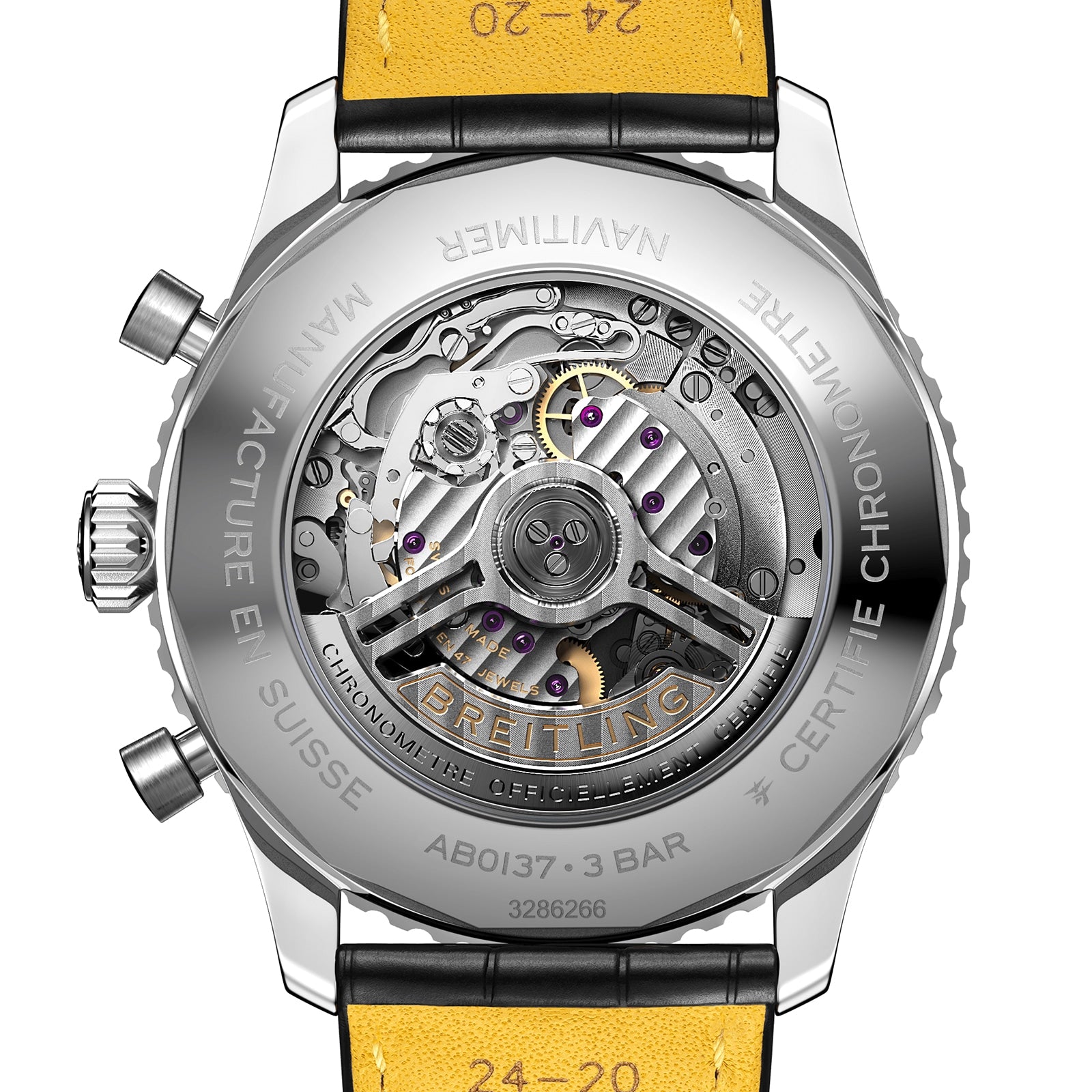 Close-up of the transparent case back of the Breitling Navitimer B01 Chronograph 46, highlighting its visible mechanical movement, intricate gears, and engraved branding details.