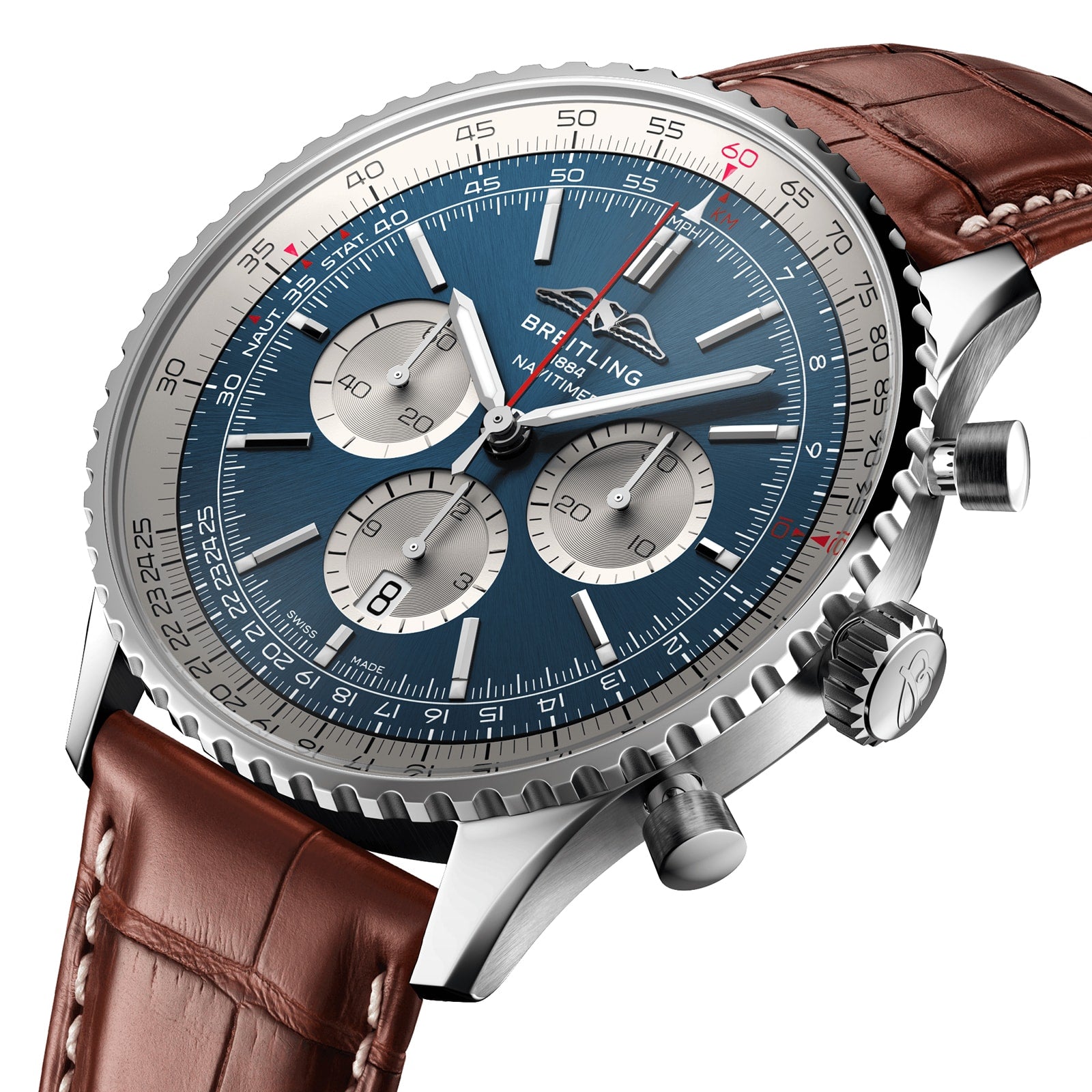 The Breitling Navitimer B01 Chronograph 46 is a stainless steel pilot’s watch with a blue dial, three subdials, date window, and a brown leather strap.