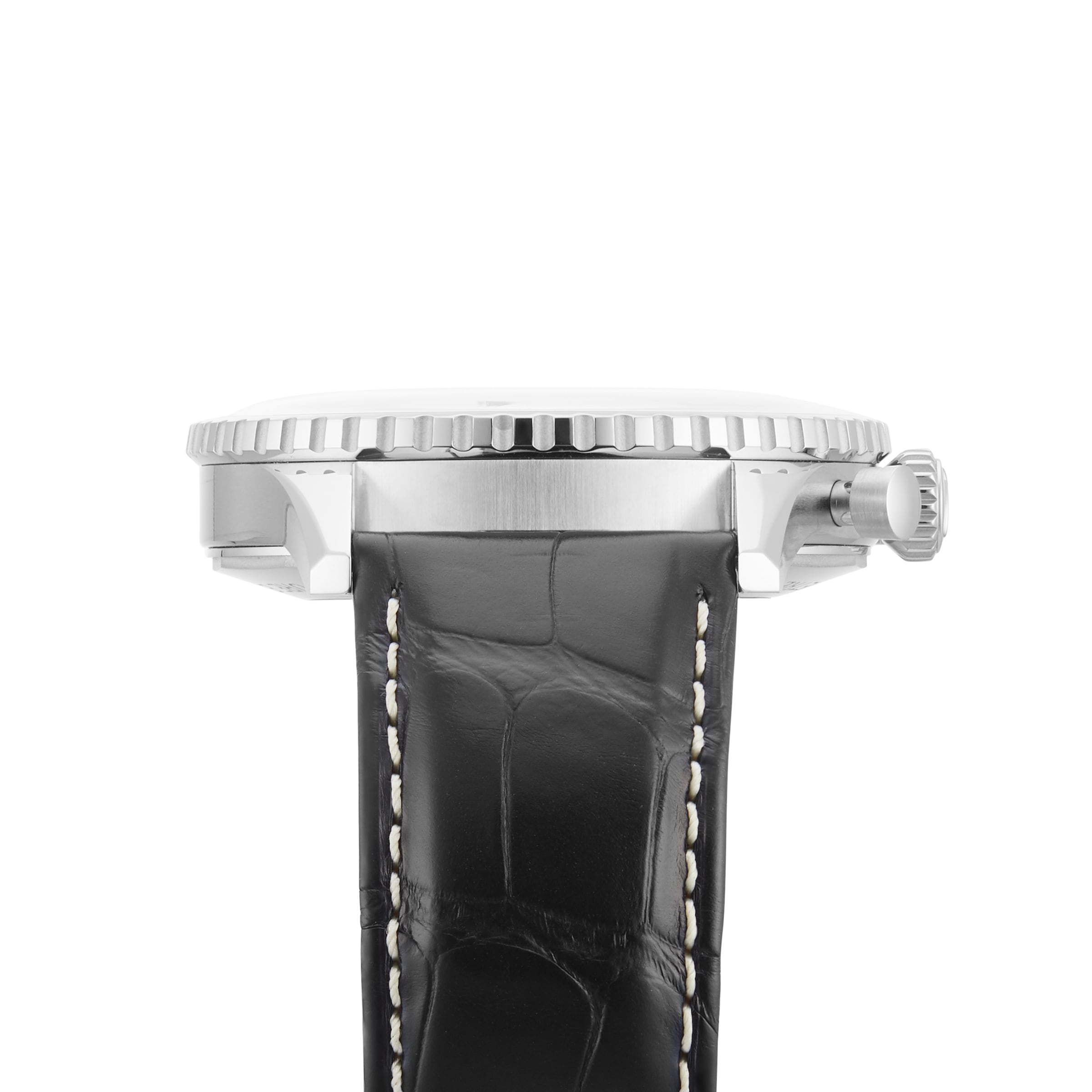 Side view of the Breitling Navitimer B01 Chronograph 46 featuring a silver case, knurled bezel, visible crown, and black leather strap with white stitching.