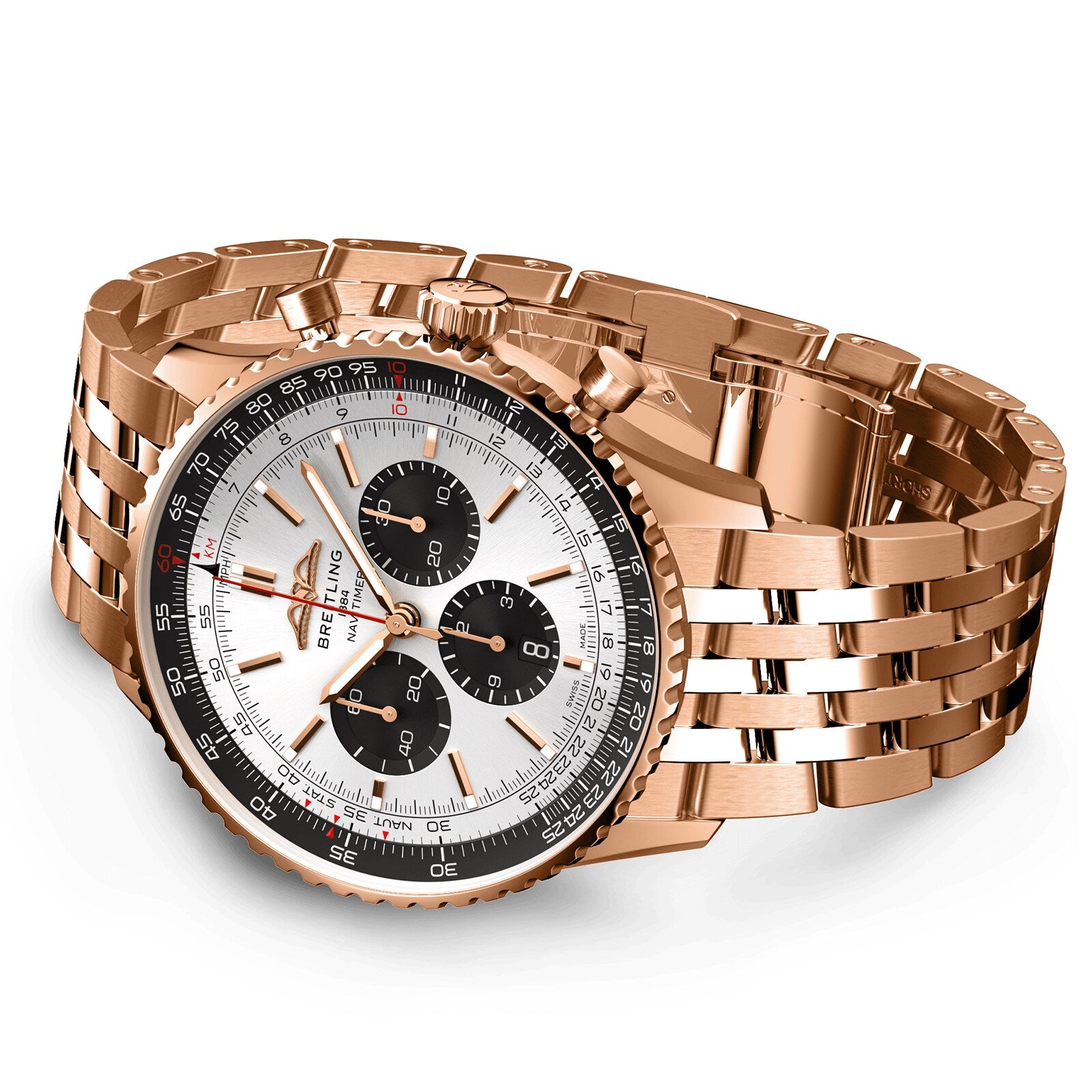 The Breitling Navitimer B01 Chronograph 46 in rose gold features a white and black dial with three subdials and a metal link bracelet, powered by the renowned Breitling 01 calibre, displayed at an angle.