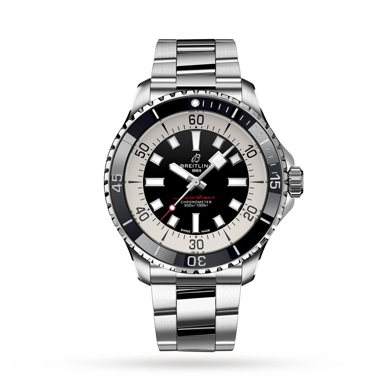 The Breitling Superocean Automatic 44 stainless steel dive watch features a black and white bezel, black dial, date window, and silver bracelet, shown on a white background.