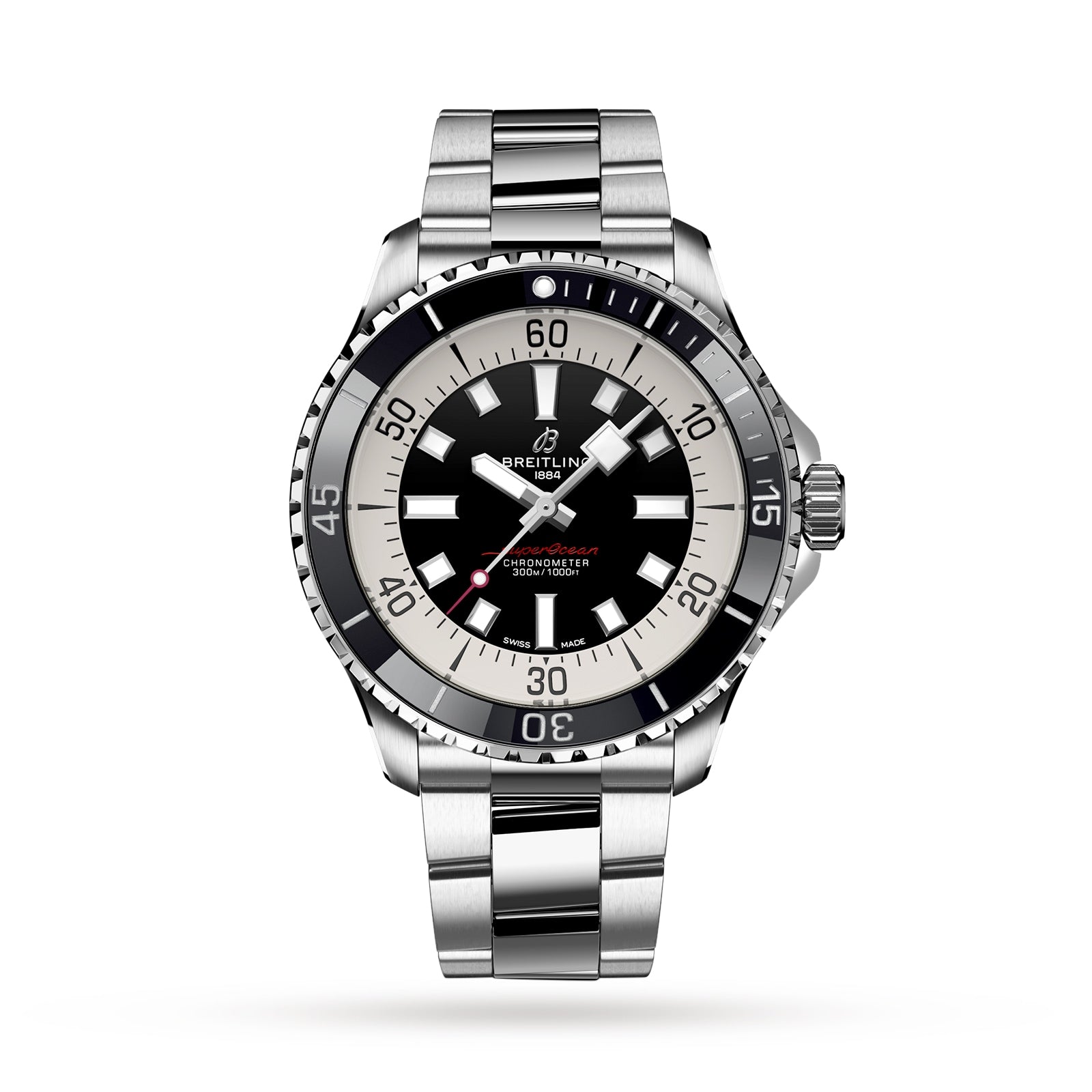 The Breitling Superocean Automatic 44 stainless steel dive watch features a black and white bezel, black dial, date window, and silver bracelet, shown on a white background.