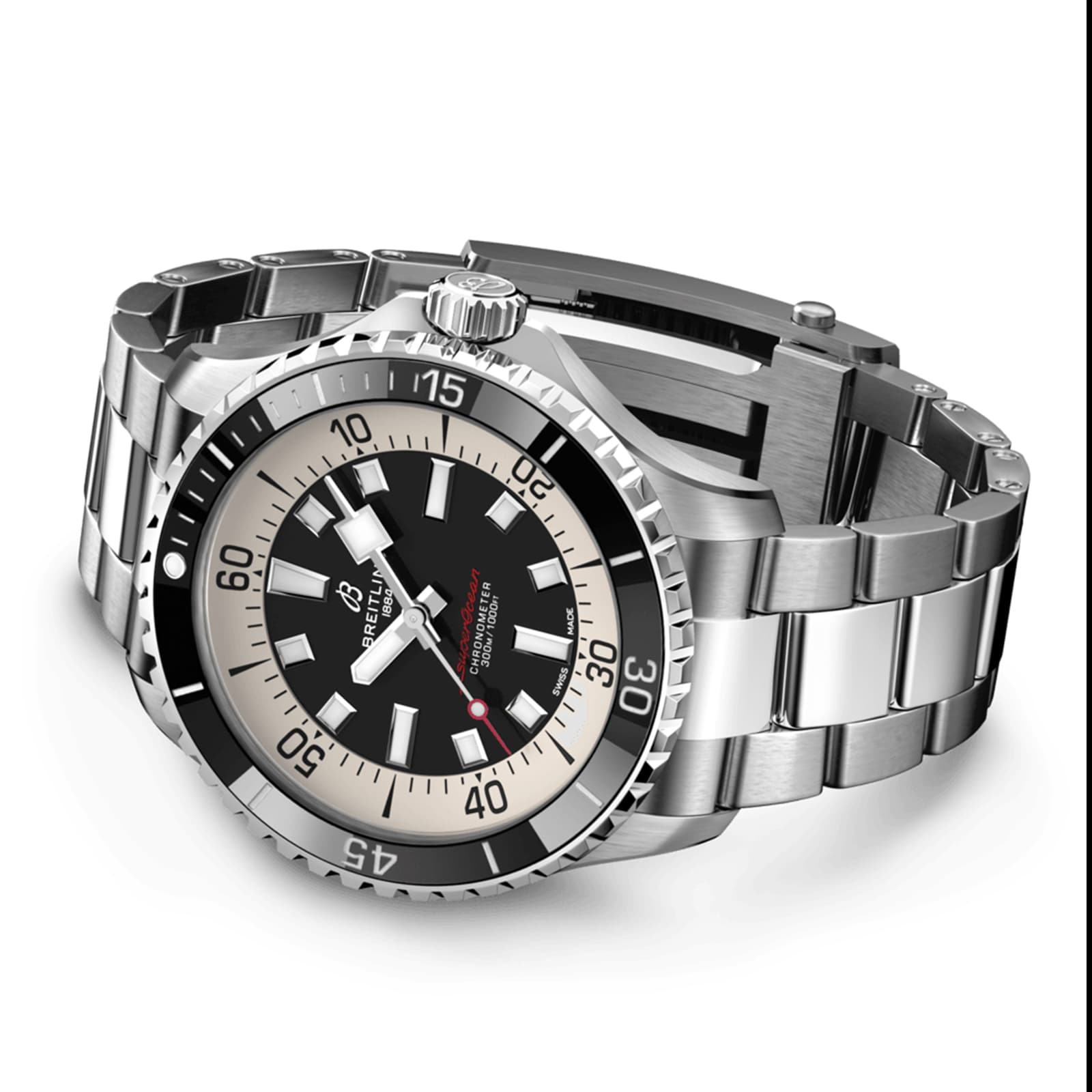 A Breitling Superocean Automatic 44 watch featuring a stainless steel case, black and beige dial with luminous markers, and a metal link bracelet is displayed on a white background.