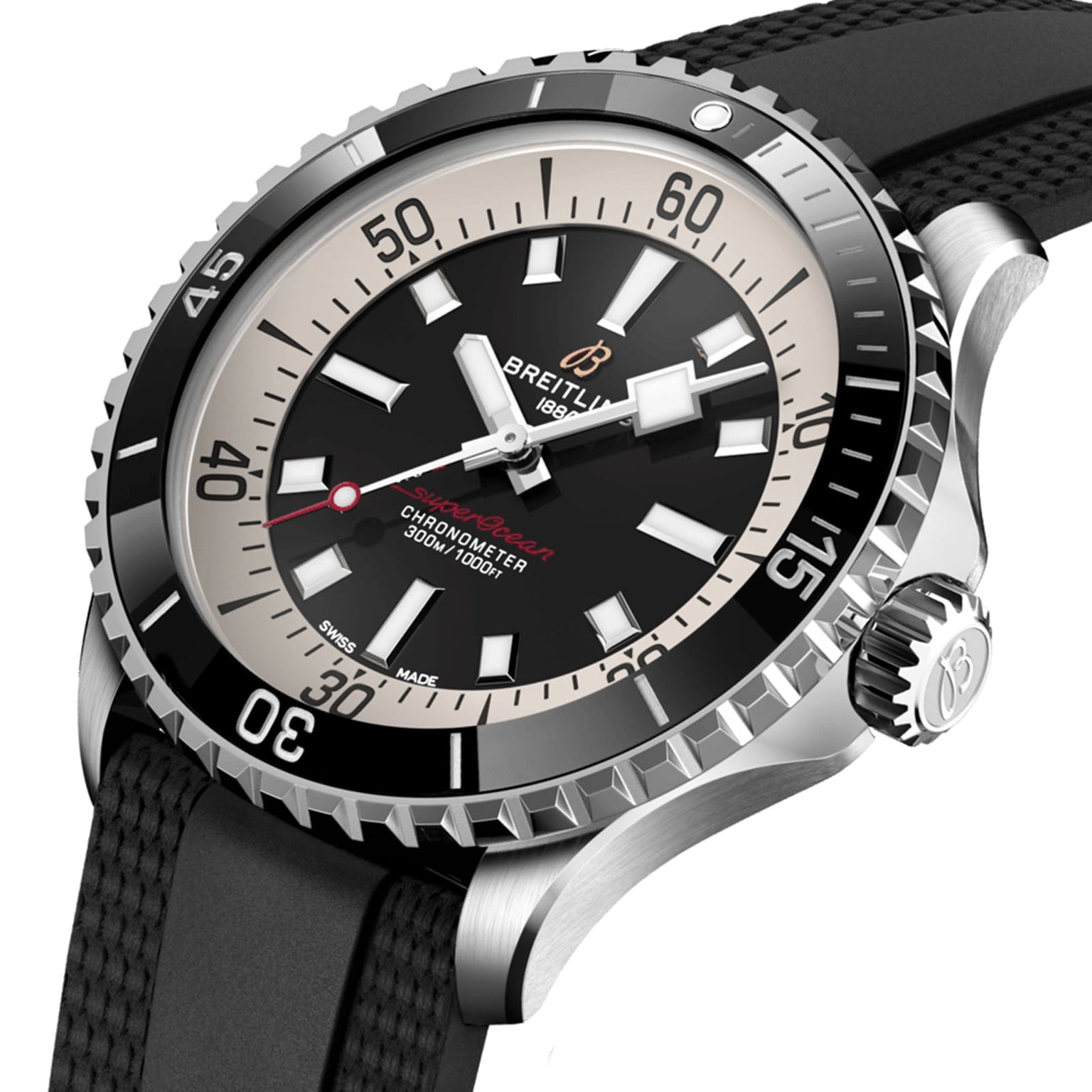 The Breitling Superocean Automatic 44 dive watch, shown at an angle, features a black dial with bold white markers, a stainless steel case, rotating bezel, black textured rubber strap, Breitling 17 calibre, and water resistance.