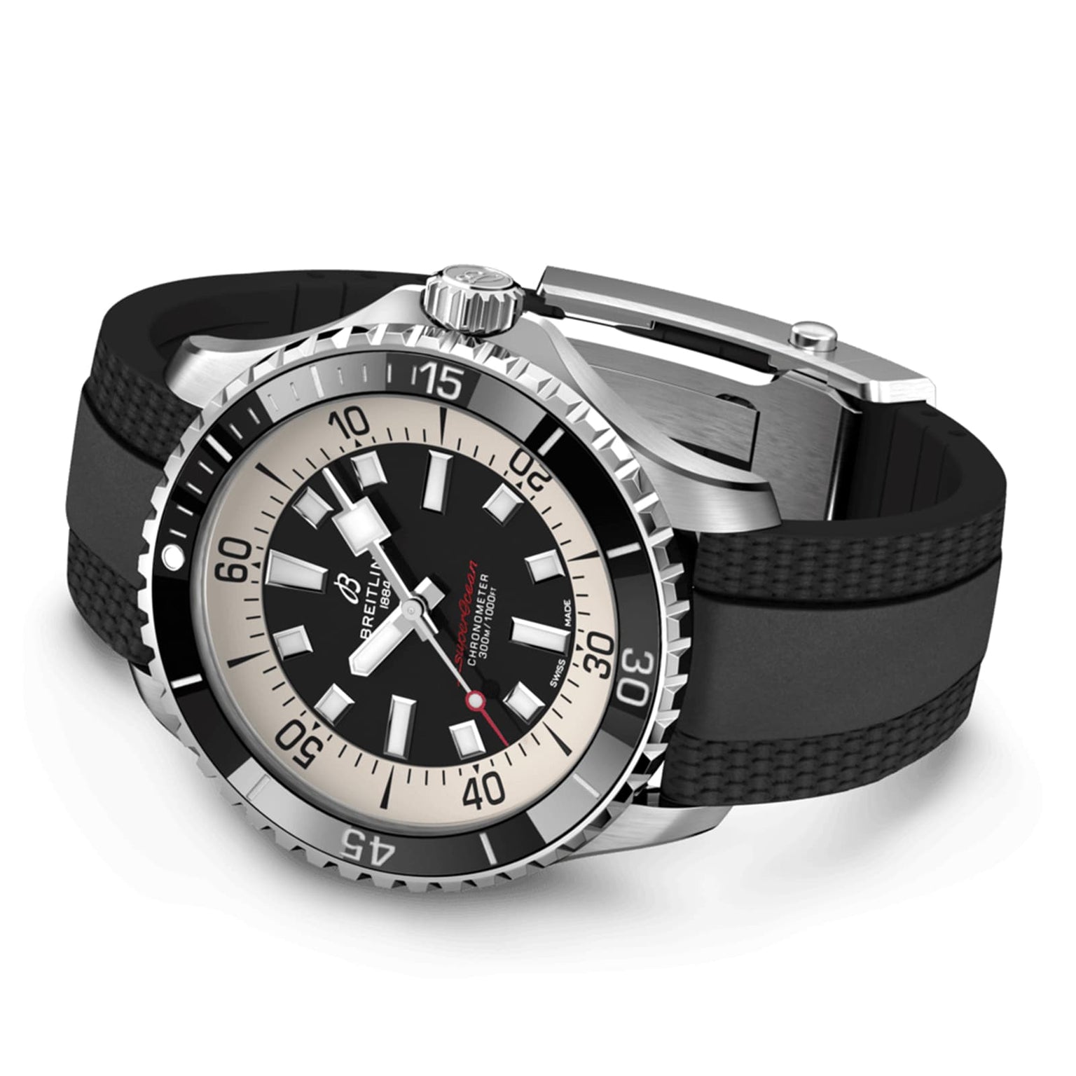 The Breitling Superocean Automatic 44 features a black and silver bezel, black dial with luminous hour markers, and a black rubber strap. Powered by the Breitling 17 calibre, it’s designed for water resistance.