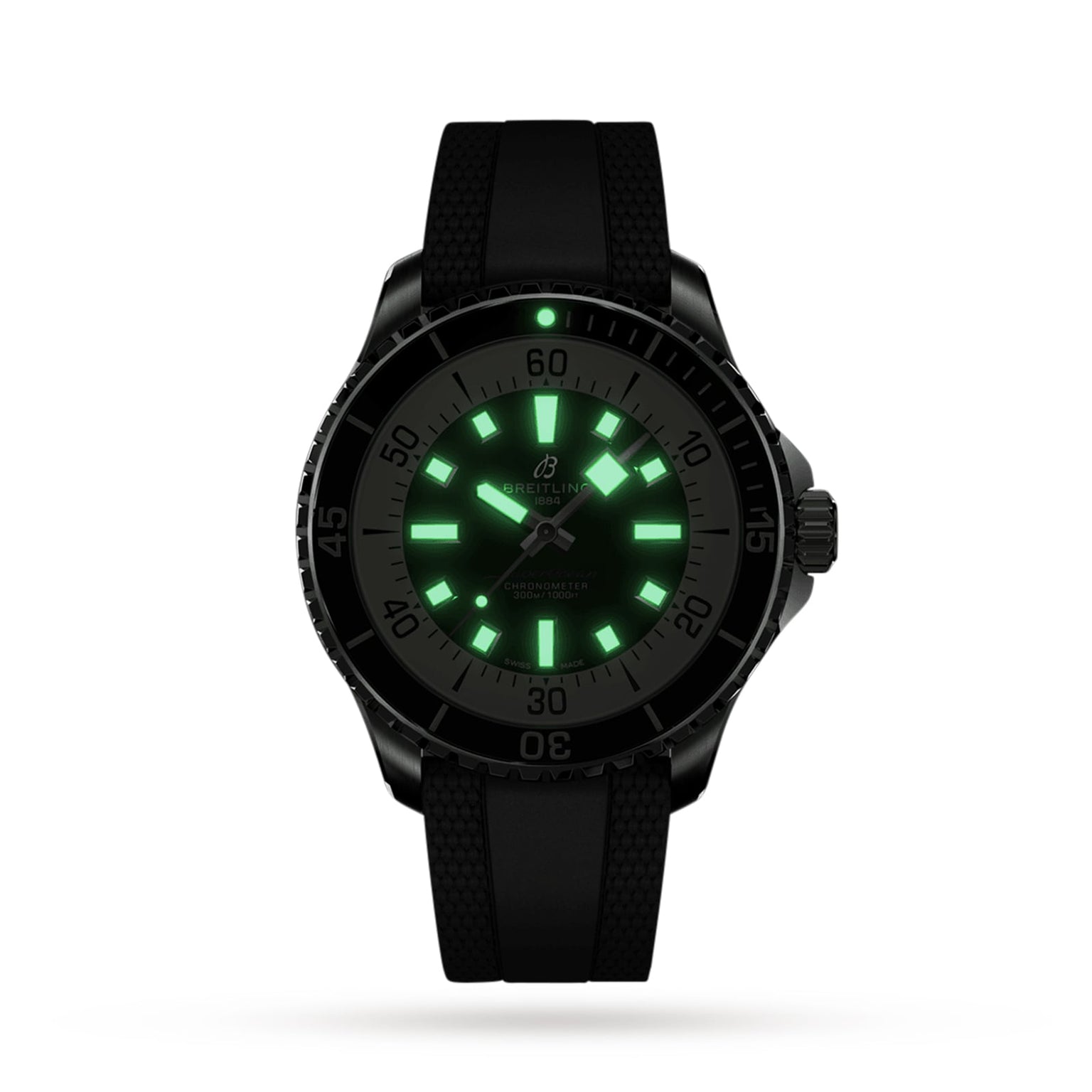 The Breitling Superocean Automatic 44 features a black case, bezel, and band, with a luminous green dial and hour markers. Powered by the Breitling 17 calibre movement, it is water resistant for enhanced durability. Shown against a white background.