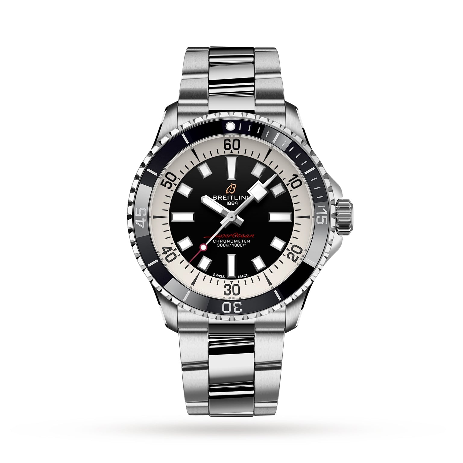 The Breitling Superocean Automatic 42 is a stainless steel dive watch inspired by the 1960s Slow Motion, with a black and white bezel, black dial, silver markers, metal bracelet, water resistance to 30 bar, and automatic Breitling 17 calibre.