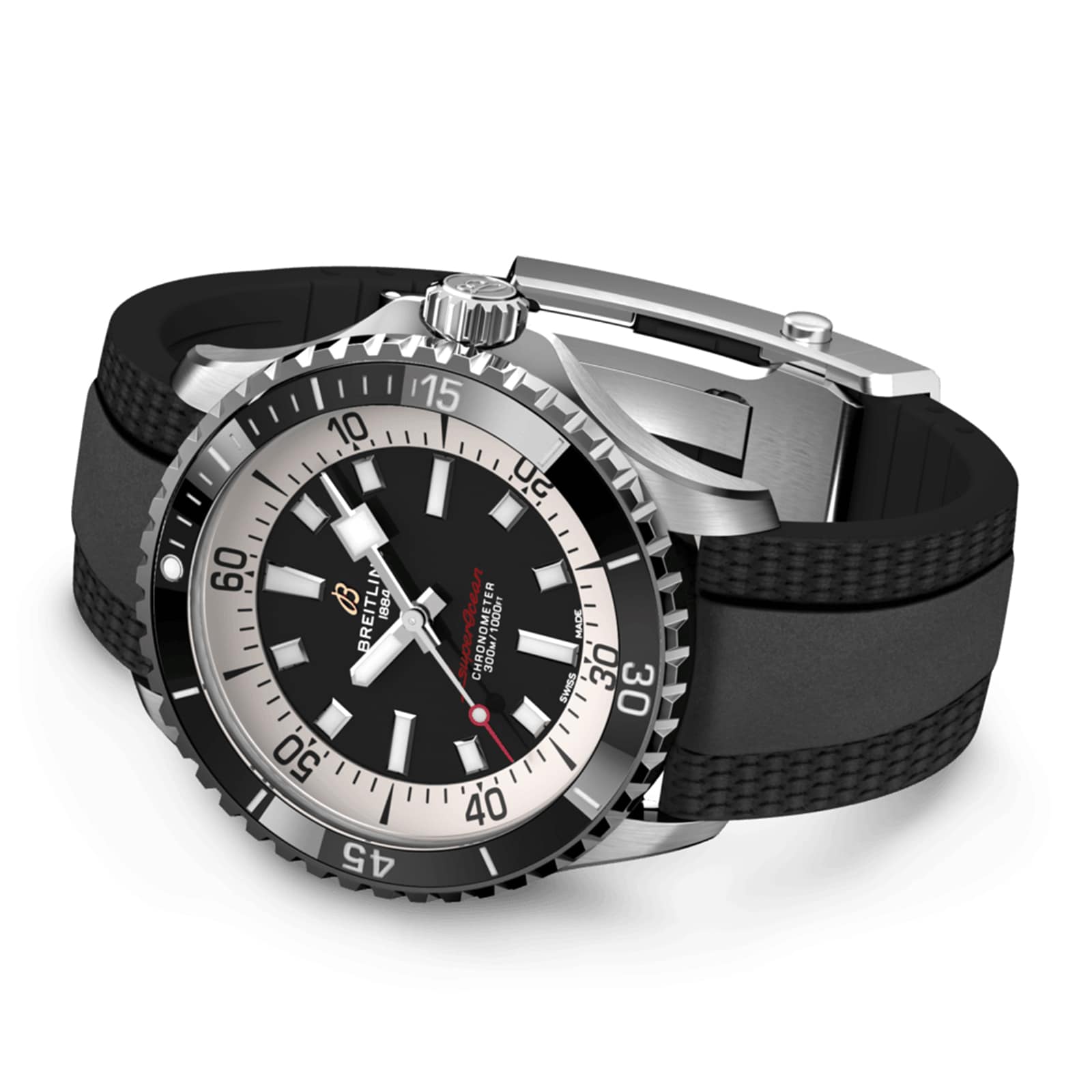 The Breitling Superocean Automatic 42 is a stainless steel dive watch with a black and silver bezel, black dial, white hour markers, and a black rubber strap, powered by the Breitling 17 calibre.