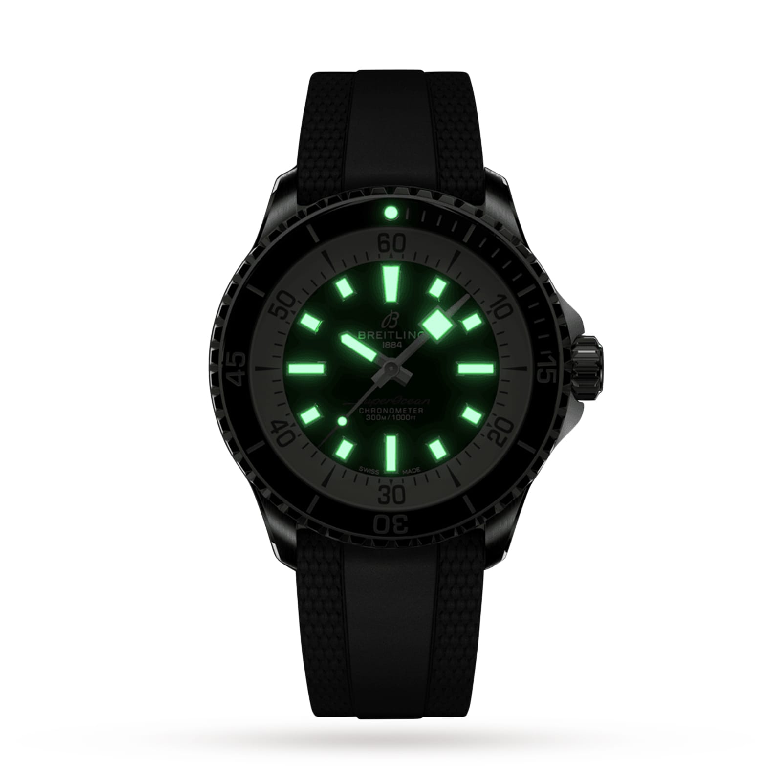 The Breitling Superocean Automatic 42 dive watch features a luminous green dial with markers, black bezel, and black rubber strap, displayed against a white background.