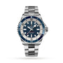 The Breitling Superocean Automatic 42 is a stainless steel dive watch with automatic movement, a blue dial with white accents, and a metal link bracelet, shown against a white background.