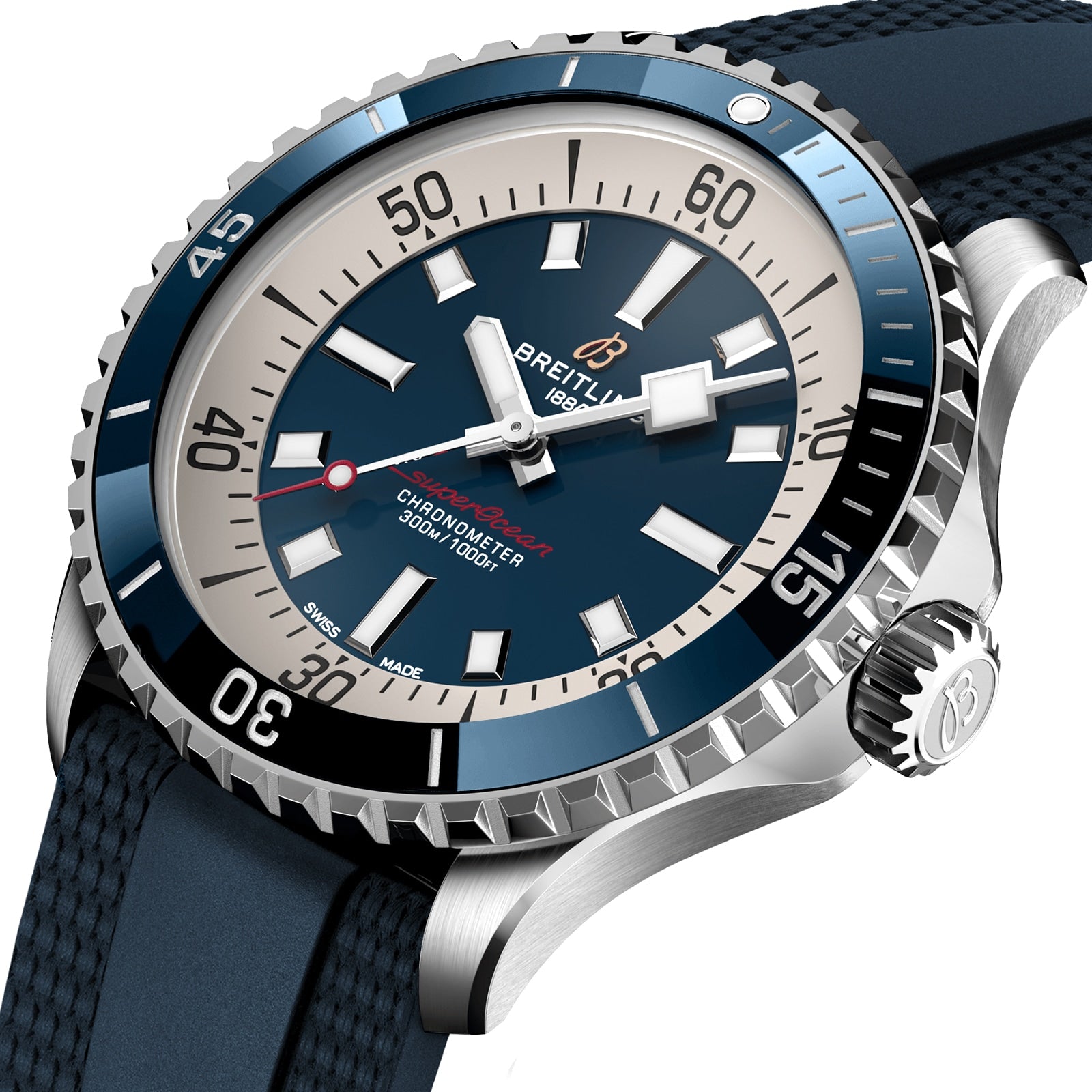 Close-up of the Breitling Superocean Automatic 42 dive watch, featuring a blue dial, white hour markers, rotating bezel, and textured blue strap. Powered by Breitling 17 calibre and water resistant to 300m.