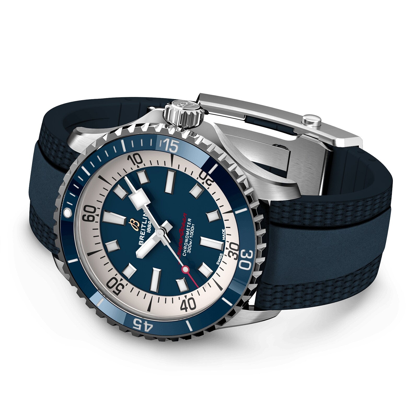 The Breitling Superocean Automatic 42 is a stainless steel dive watch with a blue bezel, blue dial, and blue rubber strap, featuring white hour markers and hands, powered by the Breitling 17 calibre.