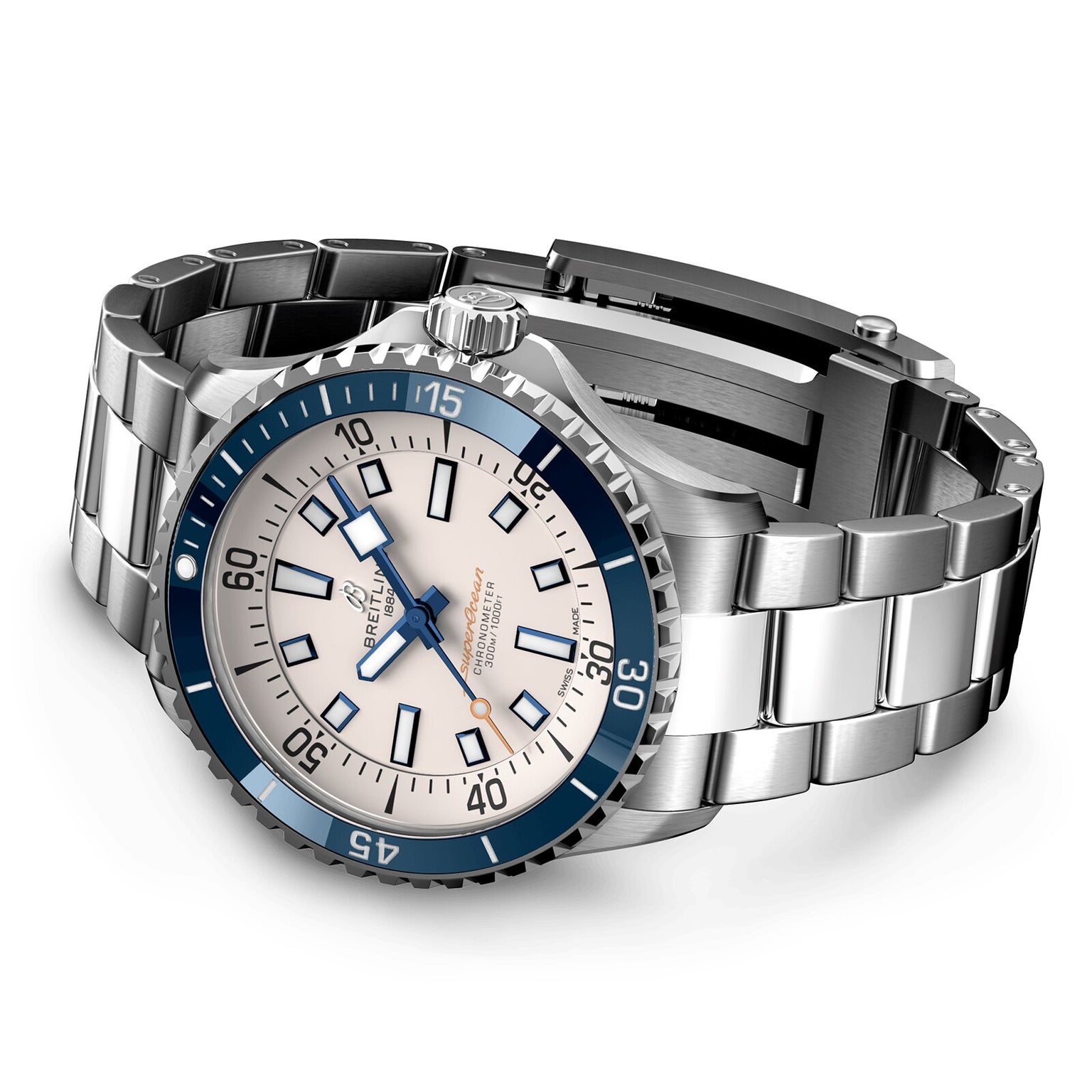 The Breitling Superocean Automatic 42 dive watch, featuring a stainless steel case, white dial, blue bezel, and metal bracelet with open clasp, is shown at an angle.