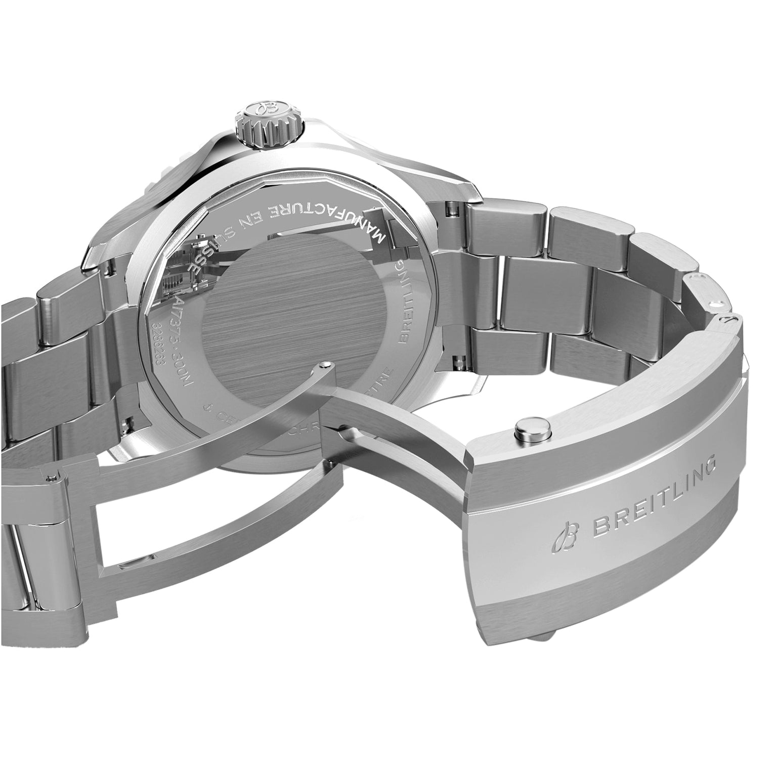 Close-up of the back of the Breitling Superocean Automatic 42, highlighting its stainless steel clasp, engraved branding, and detailed automatic case back.