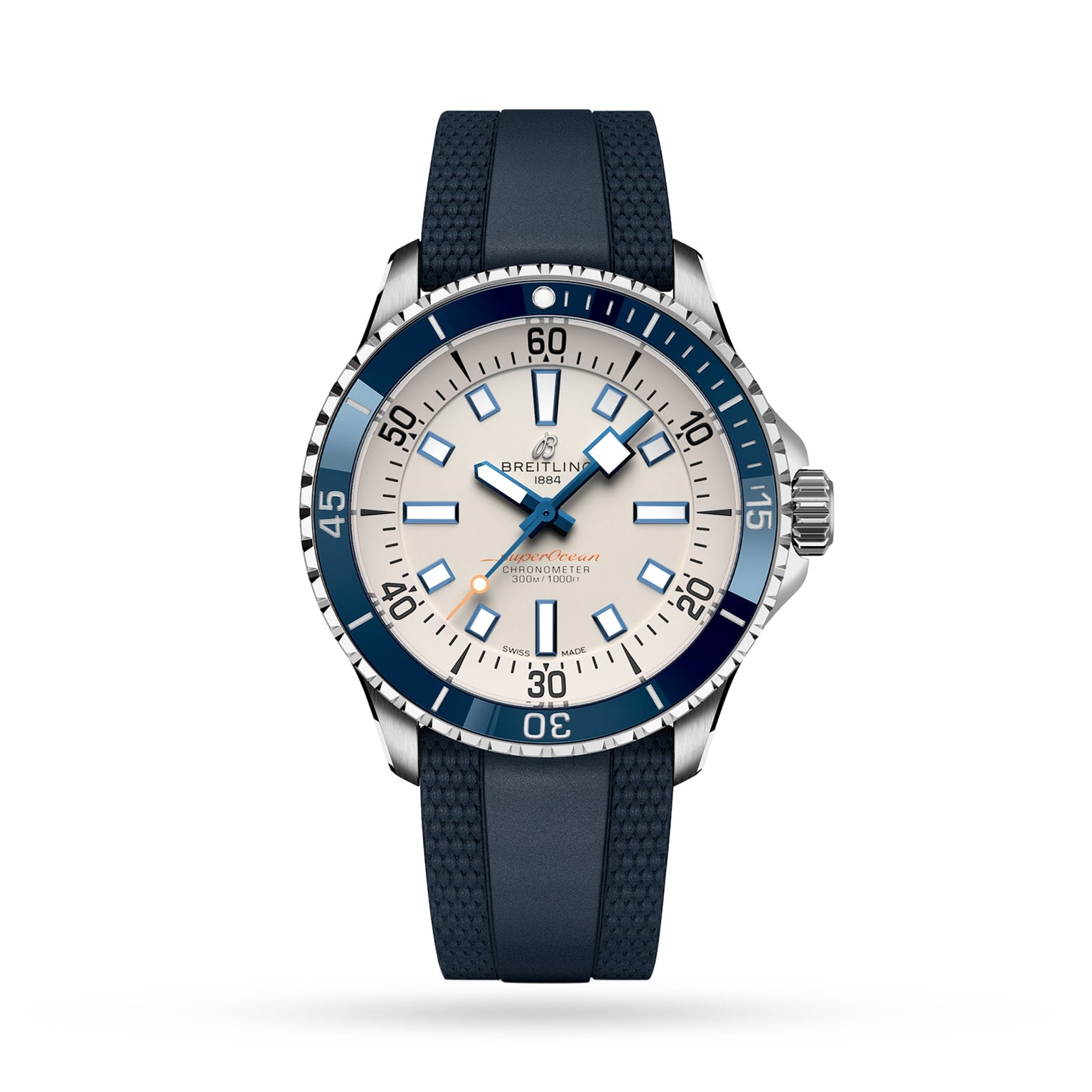 The Breitling Superocean Automatic 42 features a blue bezel, white dial, blue hour markers, and a textured blue rubber strap, powered by the Breitling 17 calibre and shown on a white background.