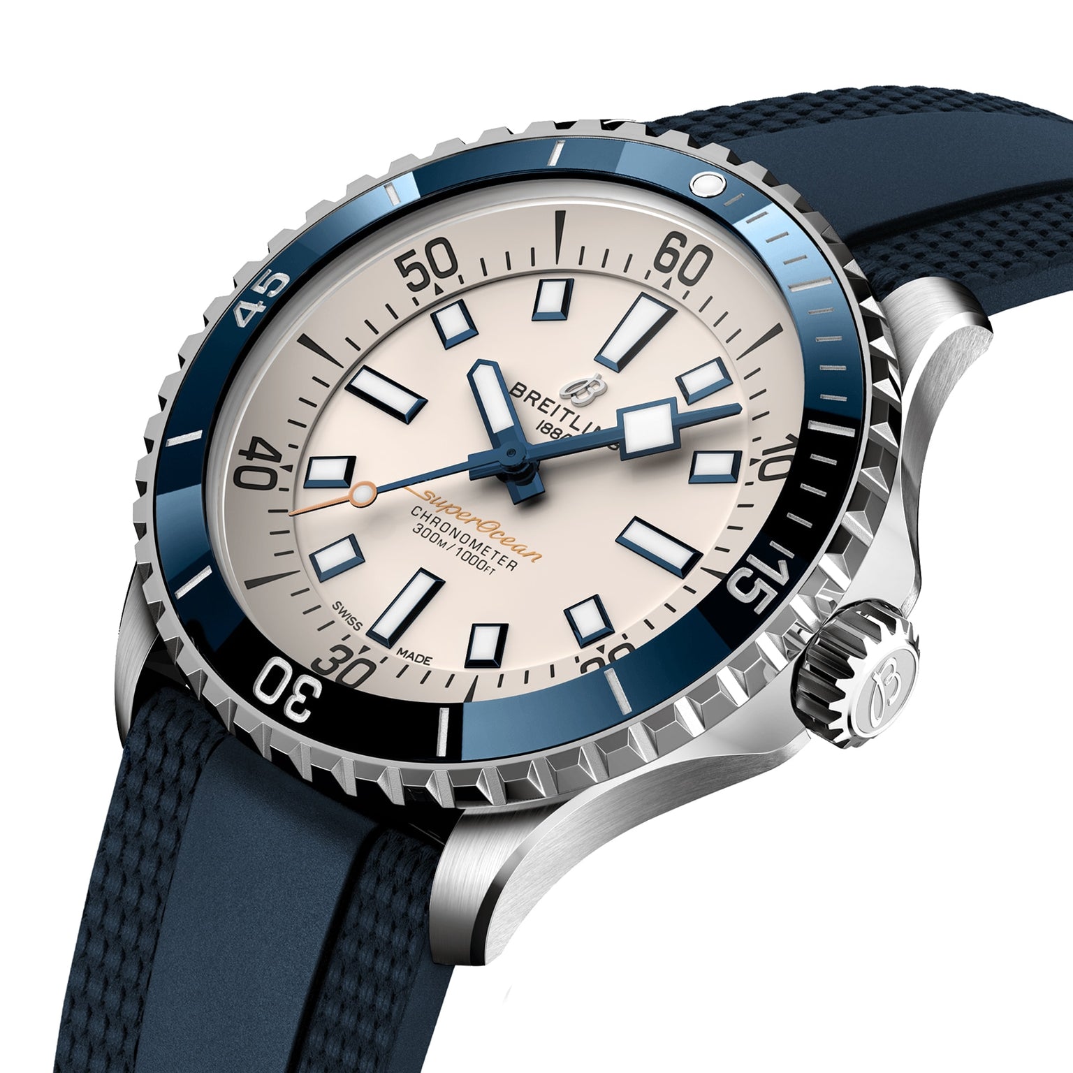 A close-up of the Breitling Superocean Automatic 42 dive watch featuring a blue bezel, white dial, black hour markers, and a blue textured strap, powered by the Breitling Calibre 17 movement.