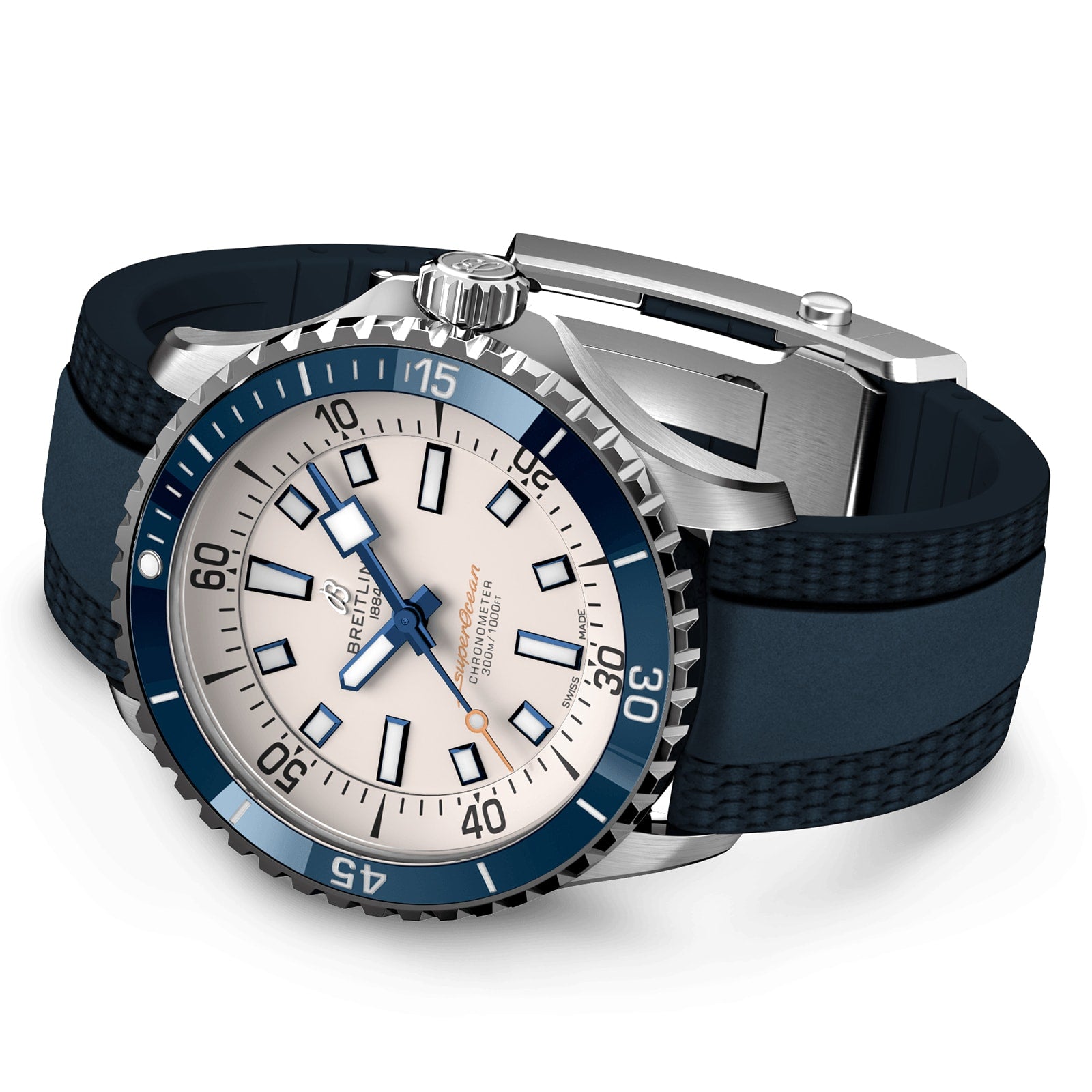 The Breitling Superocean Automatic 42 features a blue and white bezel, white dial, black hour markers, and black rubber strap, powered by the Breitling 17 calibre, shown against a plain background.