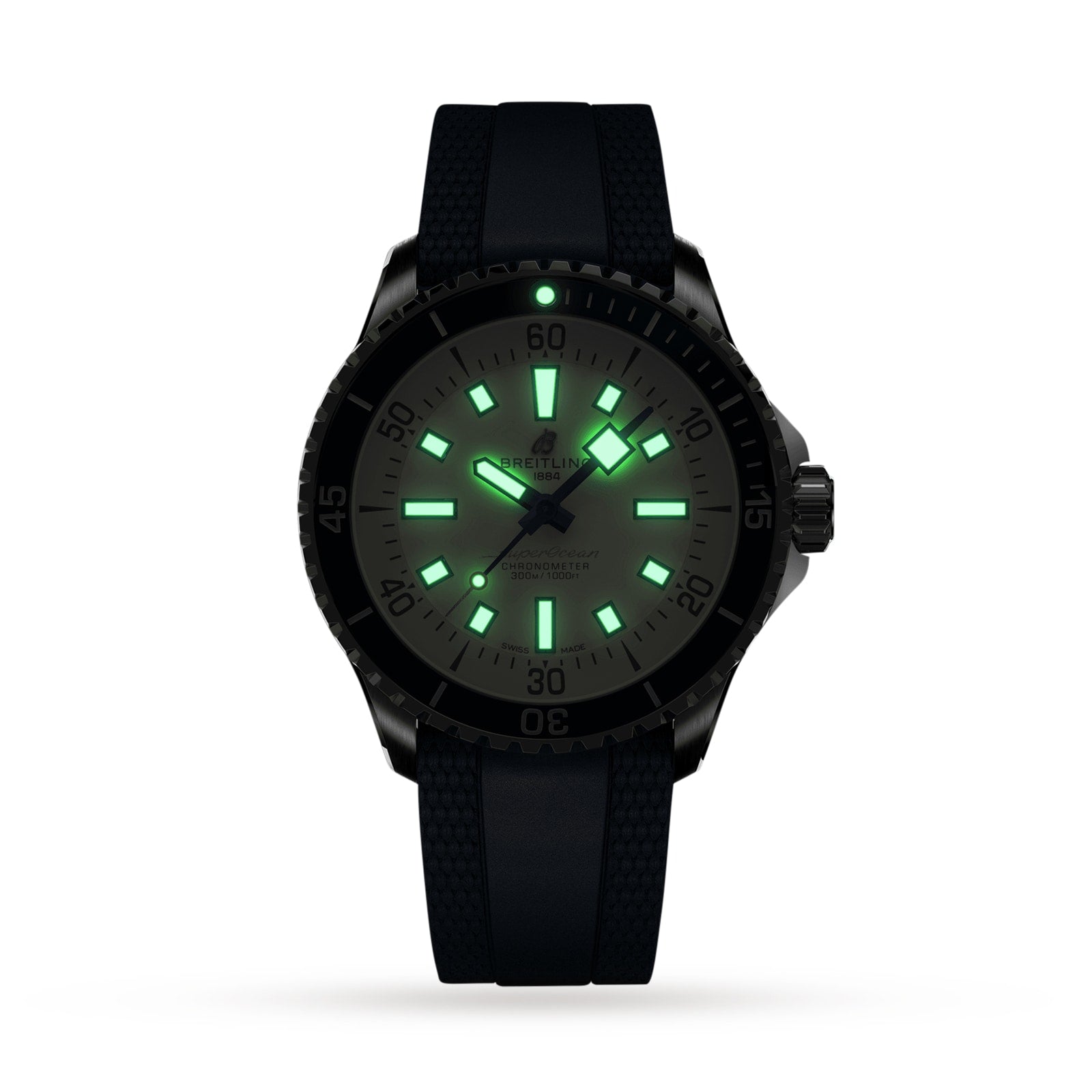 A Breitling Superocean Automatic 42 dive watch with a black rubber strap and glowing green markers and hands is pictured on a plain white background.