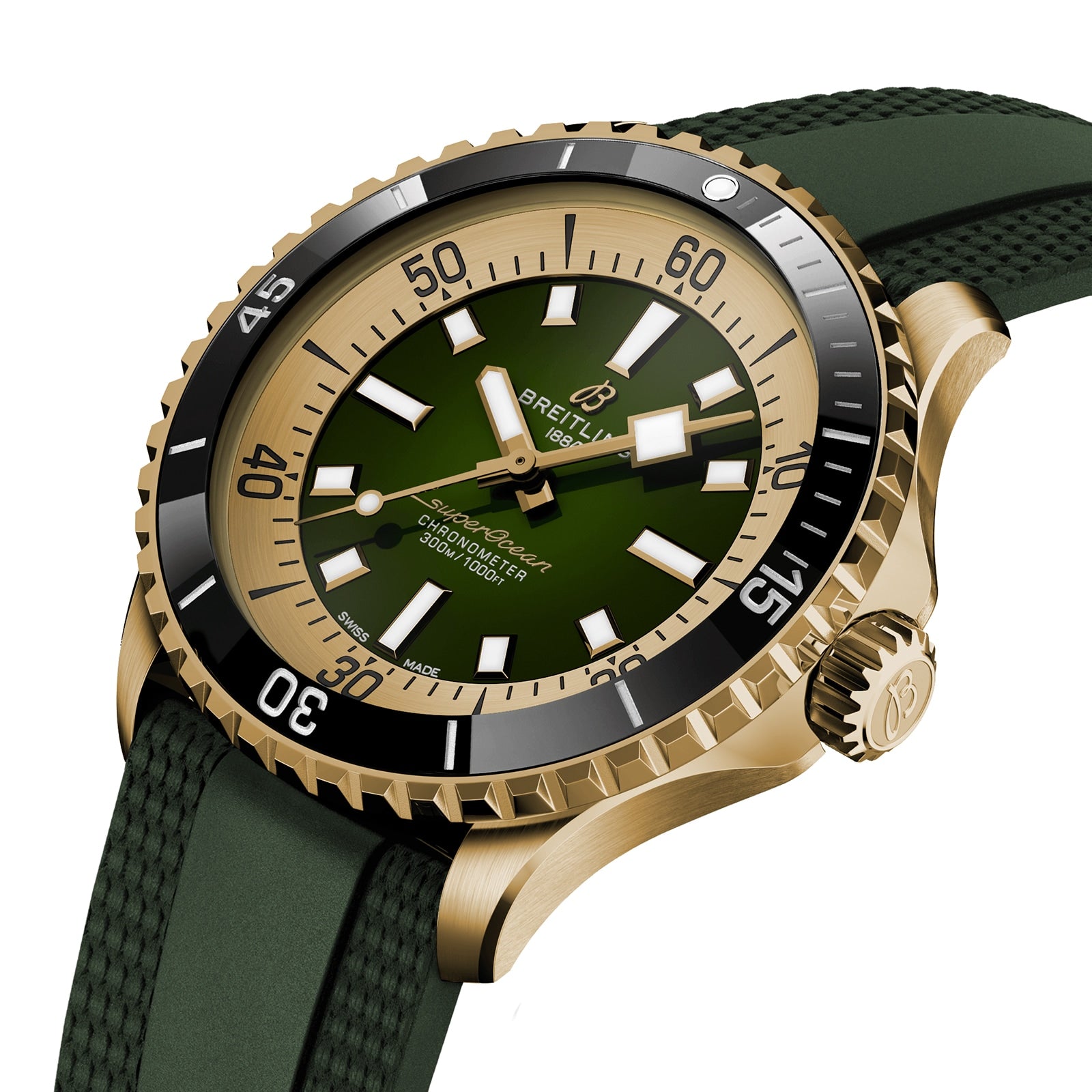 The Breitling Superocean Automatic 42 features a gold case, green dial, black bezel, luminescent hands, and a green textured rubber strap, shown at an angle against a white background.