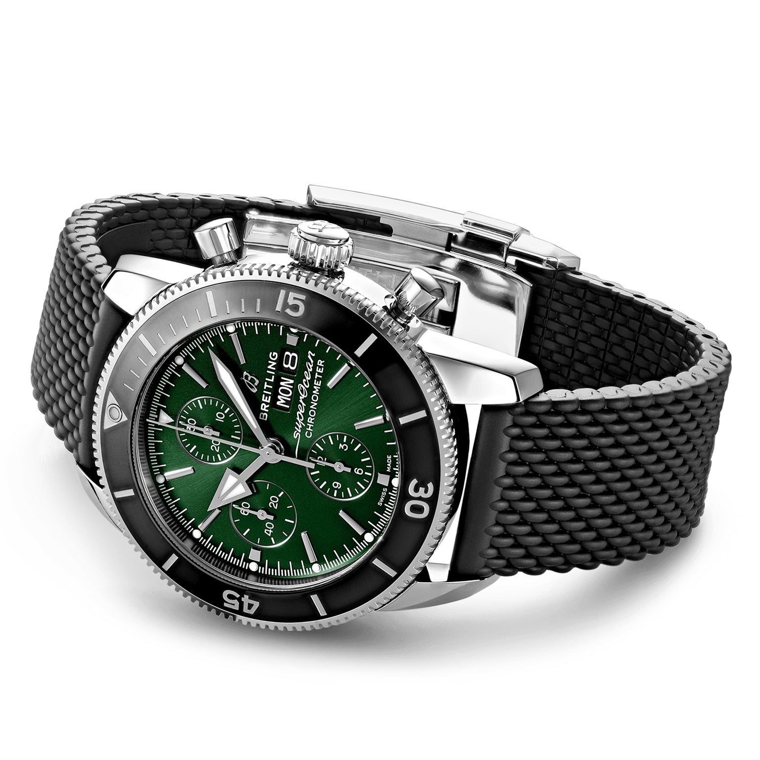 The Breitling Superocean Heritage Chronograph 44 features a green dial, chronograph function, black textured rubber strap, stainless steel case, water resistance, and is powered by the Breitling 13 calibre movement.
