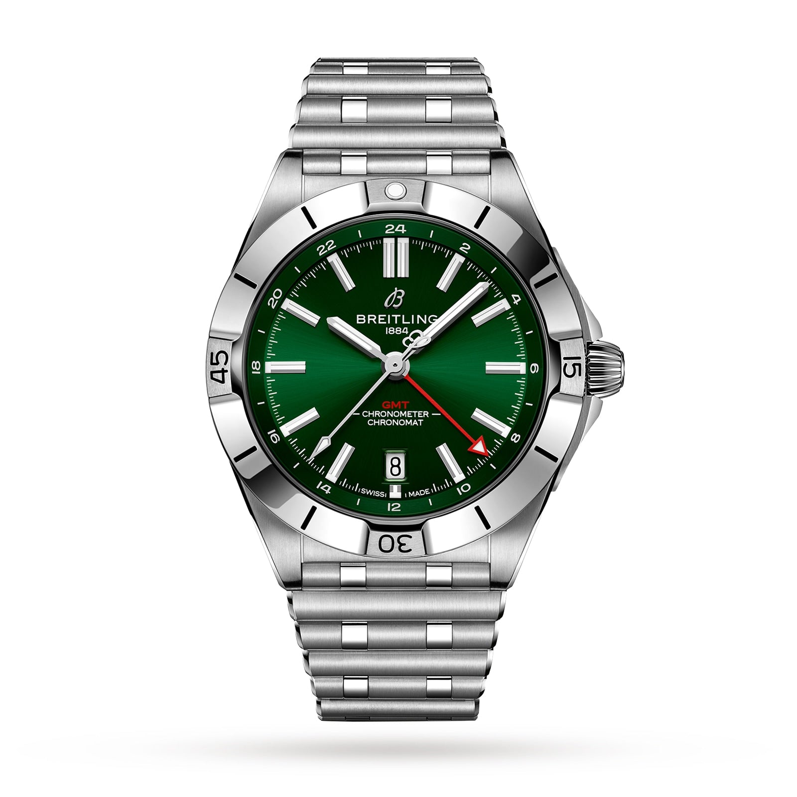 The Breitling Chronomat Automatic GMT 40 wristwatch features a stainless steel case, emerald dial, silver hour markers, date display at 6 o’clock, and a metal bracelet, displayed on a white background.