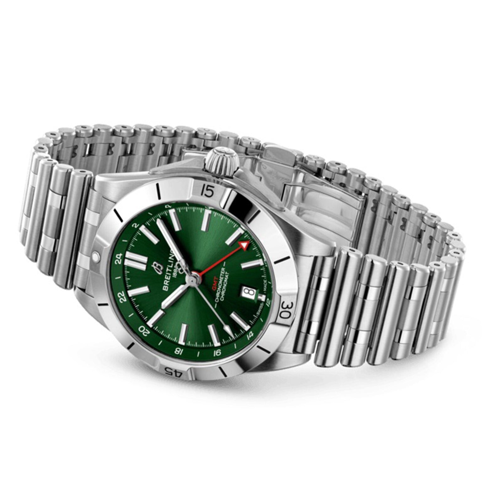 The Breitling Chronomat Automatic GMT 40 wristwatch, featuring a stainless steel case, emerald dial, white hour markers, and a metal bracelet, is displayed on a white background.