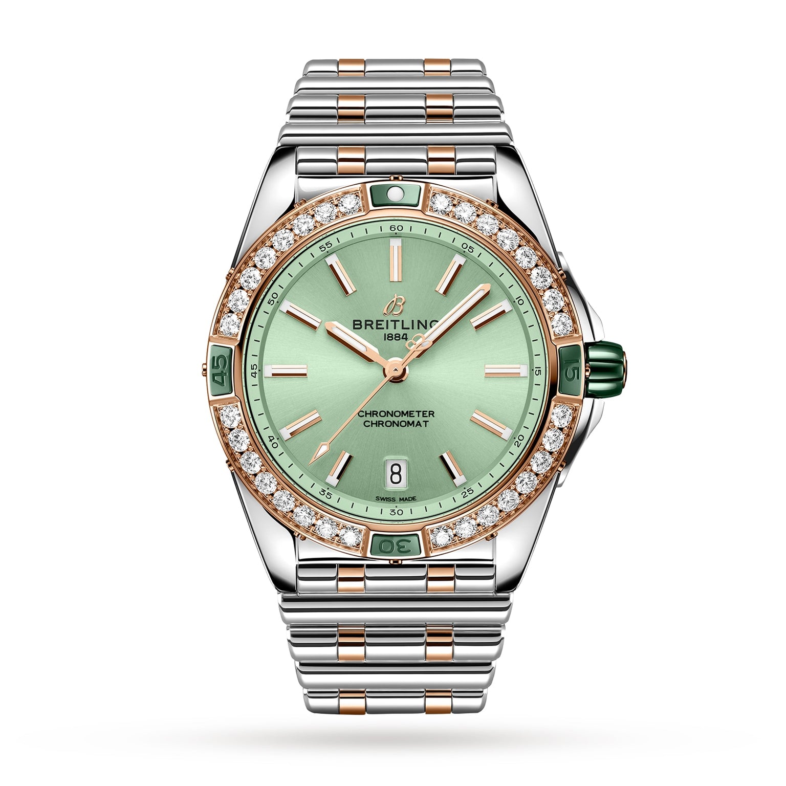 The Breitling Super Chronomat Automatic 38 features a mint green dial, diamond-set bezel, rose gold and stainless steel case, date at 6 o’clock, and a two-tone metal bracelet.