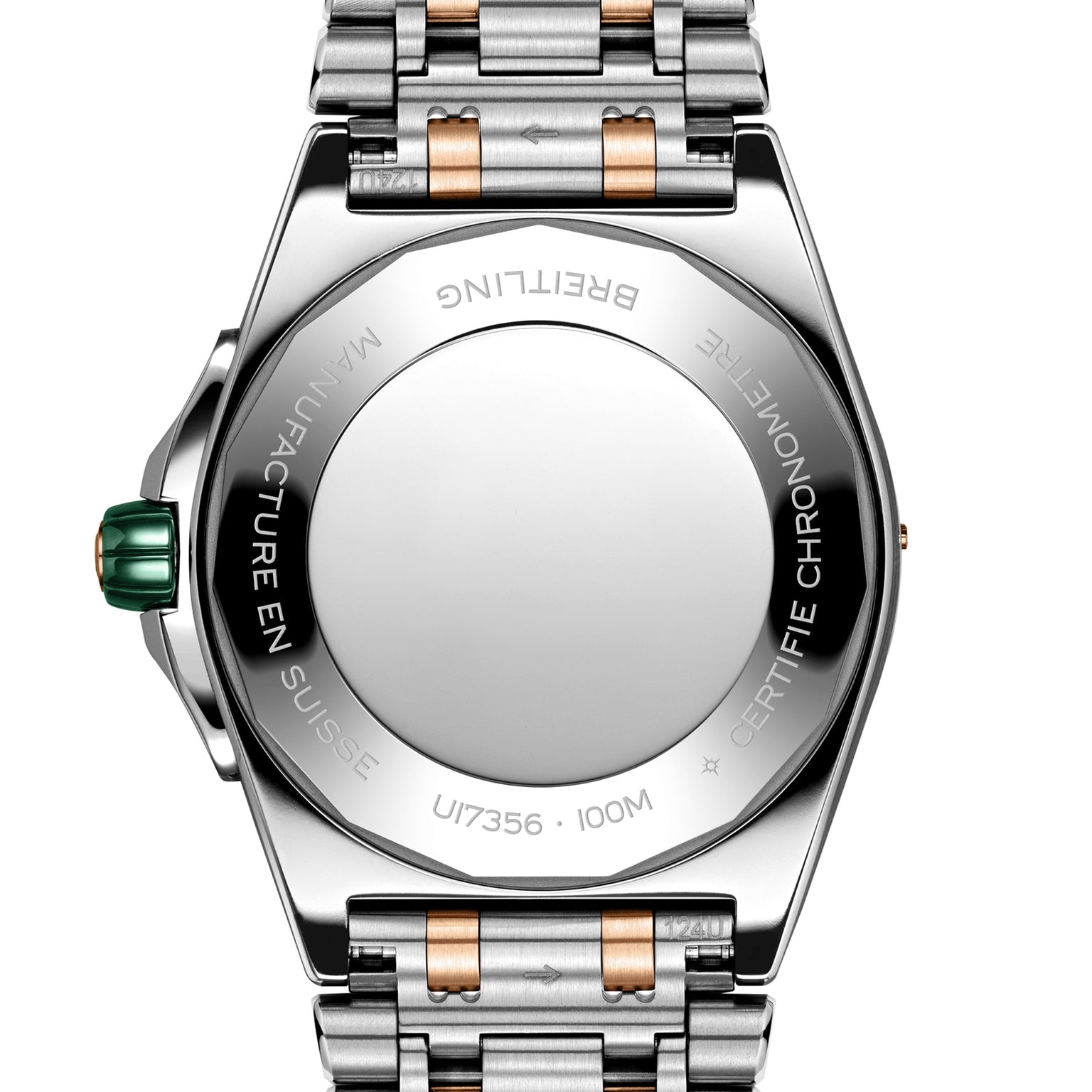 Close-up of the back of the Breitling Super Chronomat Automatic 38, featuring a chronometer-certified stainless steel and gold-tone bracelet, engraved text, green crown, and a rose gold and stainless steel case.