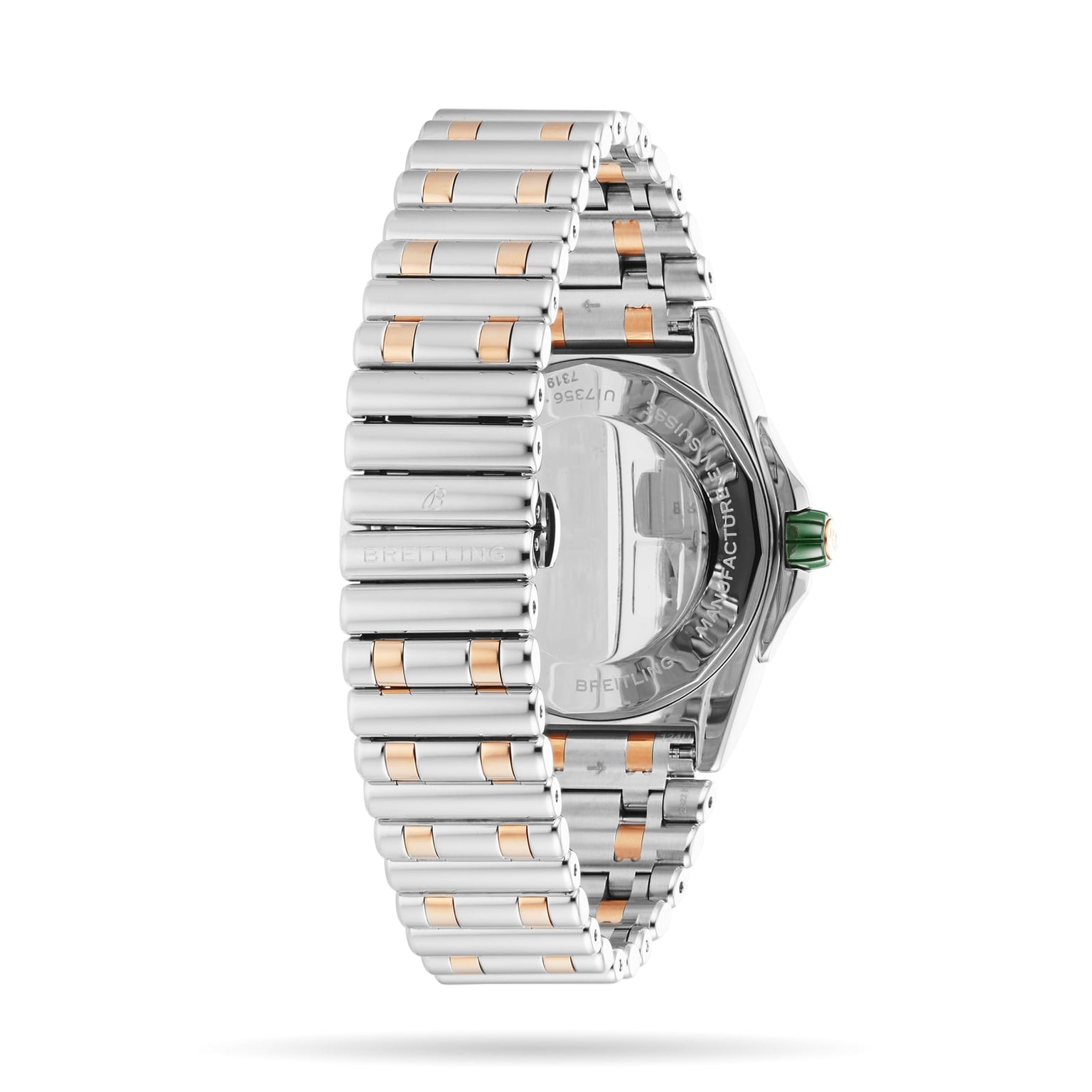 The Breitling Super Chronomat Automatic 38 wristwatch features a two-tone silver and gold bracelet, a diamond-set bezel, and a transparent case back showcasing its chronometer-certified movement.